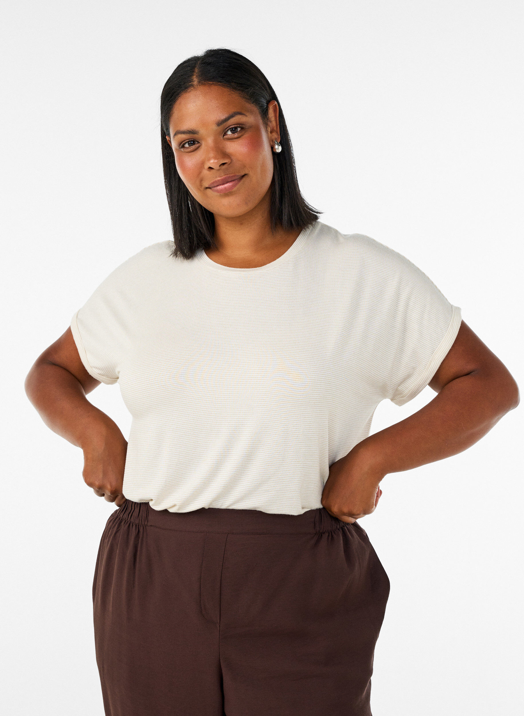 ZizziT-shirt en viscose &agrave; rayures paillet&eacute;es, Vanille, Model image number 0