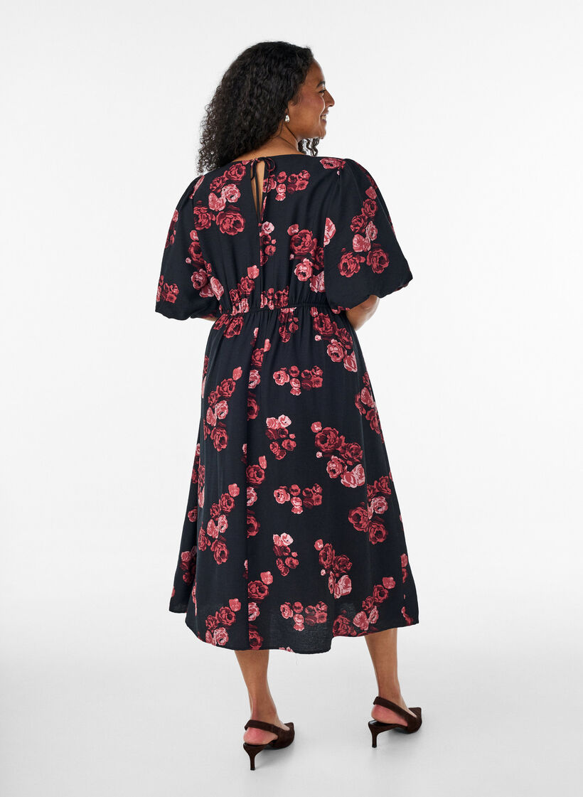 Robe midi &agrave; imprim&eacute; roses et manches courtes bouffantes, Noir, Model image number 1