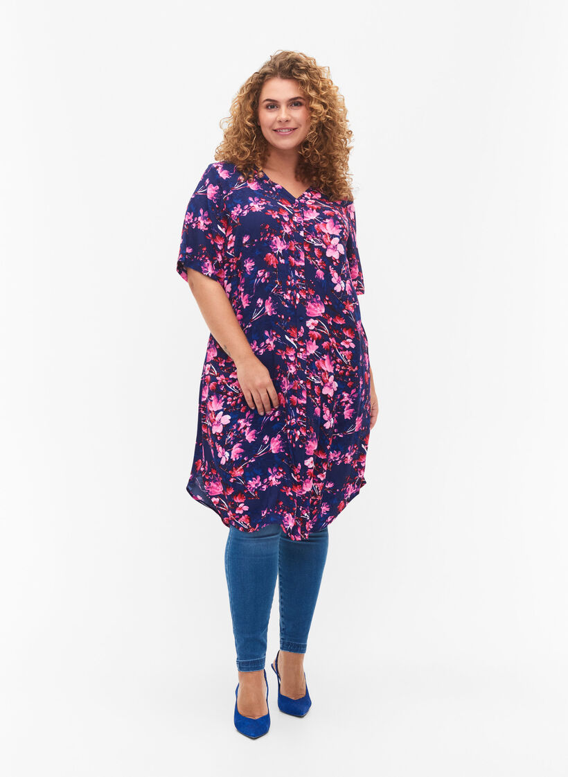 Robe midi en viscose avec imprimé floral, B. Blue Pink Flower, Model image number 2