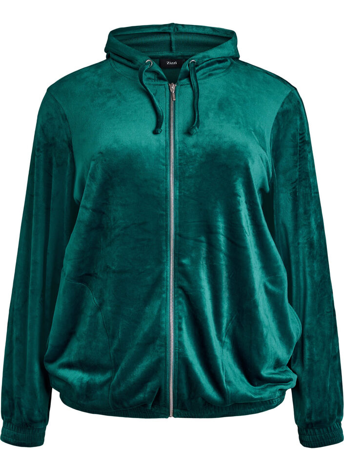 Cardigan en velours avec zip et capuche, Vert, Packshot image number 0