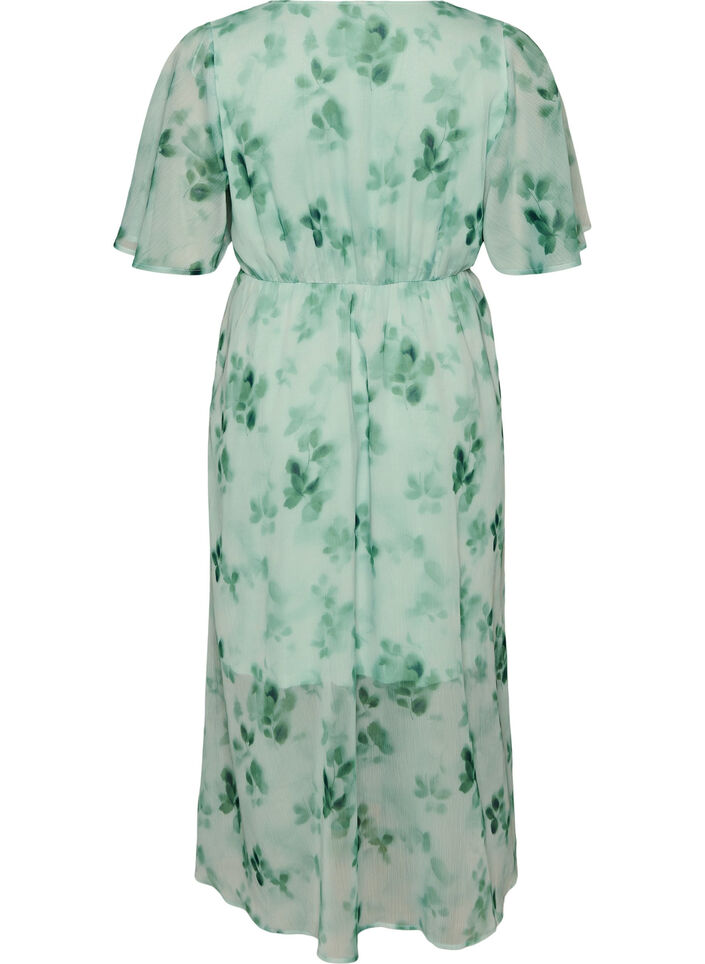 Robe longue en chiffon imprim&eacute; floral et manches courtes, Vert, Packshot