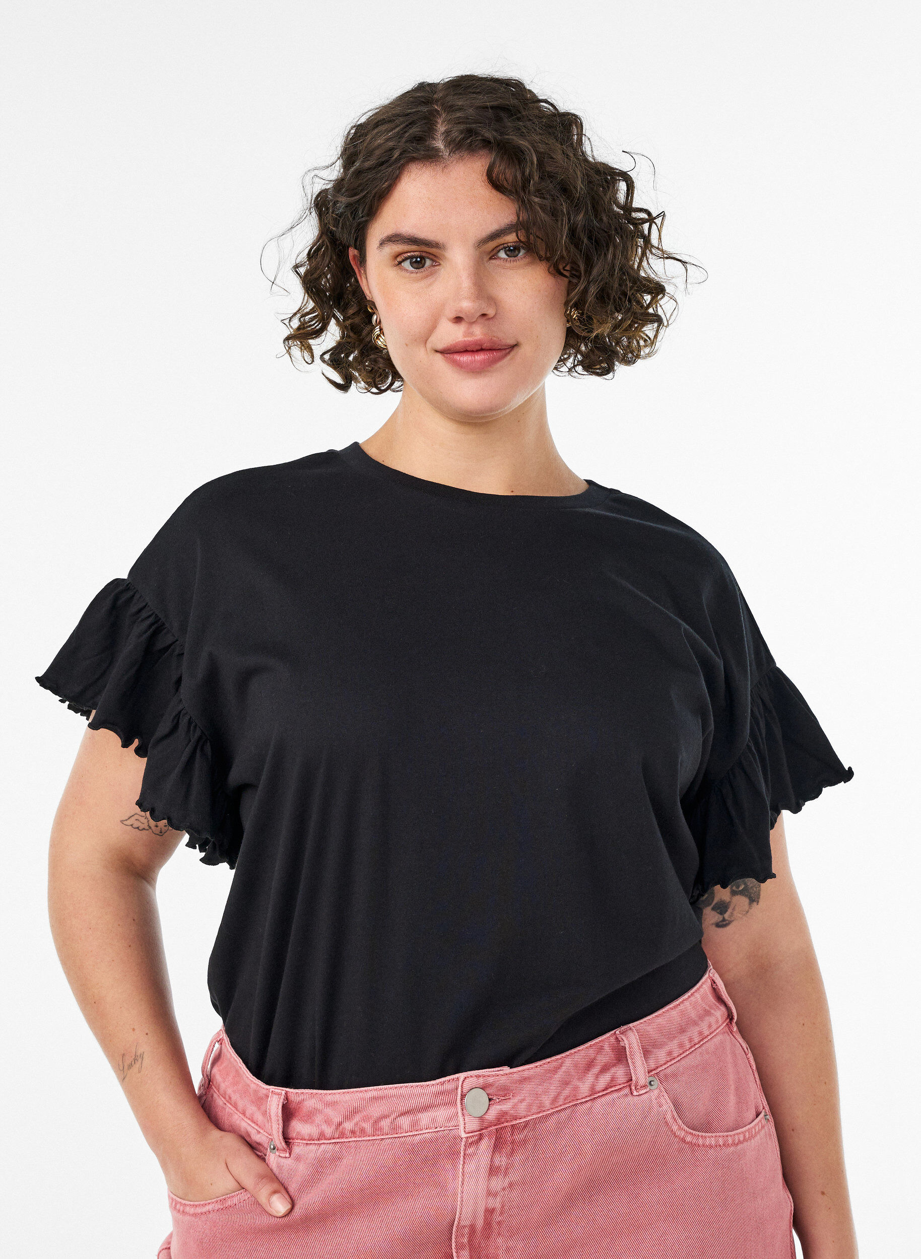 ZizziT-shirt en coton bio avec manches &agrave; volants, Noir, Model image number 0