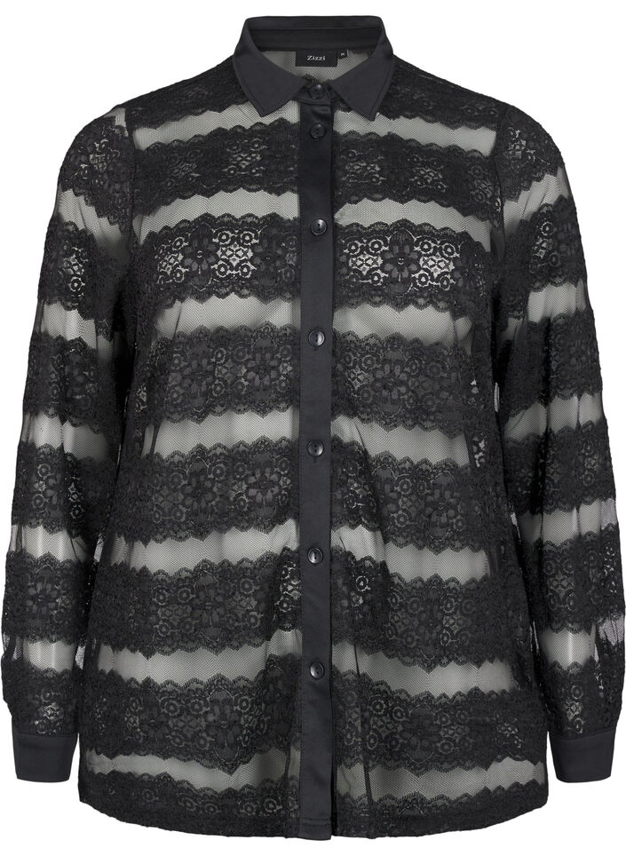 Chemise ample avec dentelle et maille fine, Black, Packshot image number 0