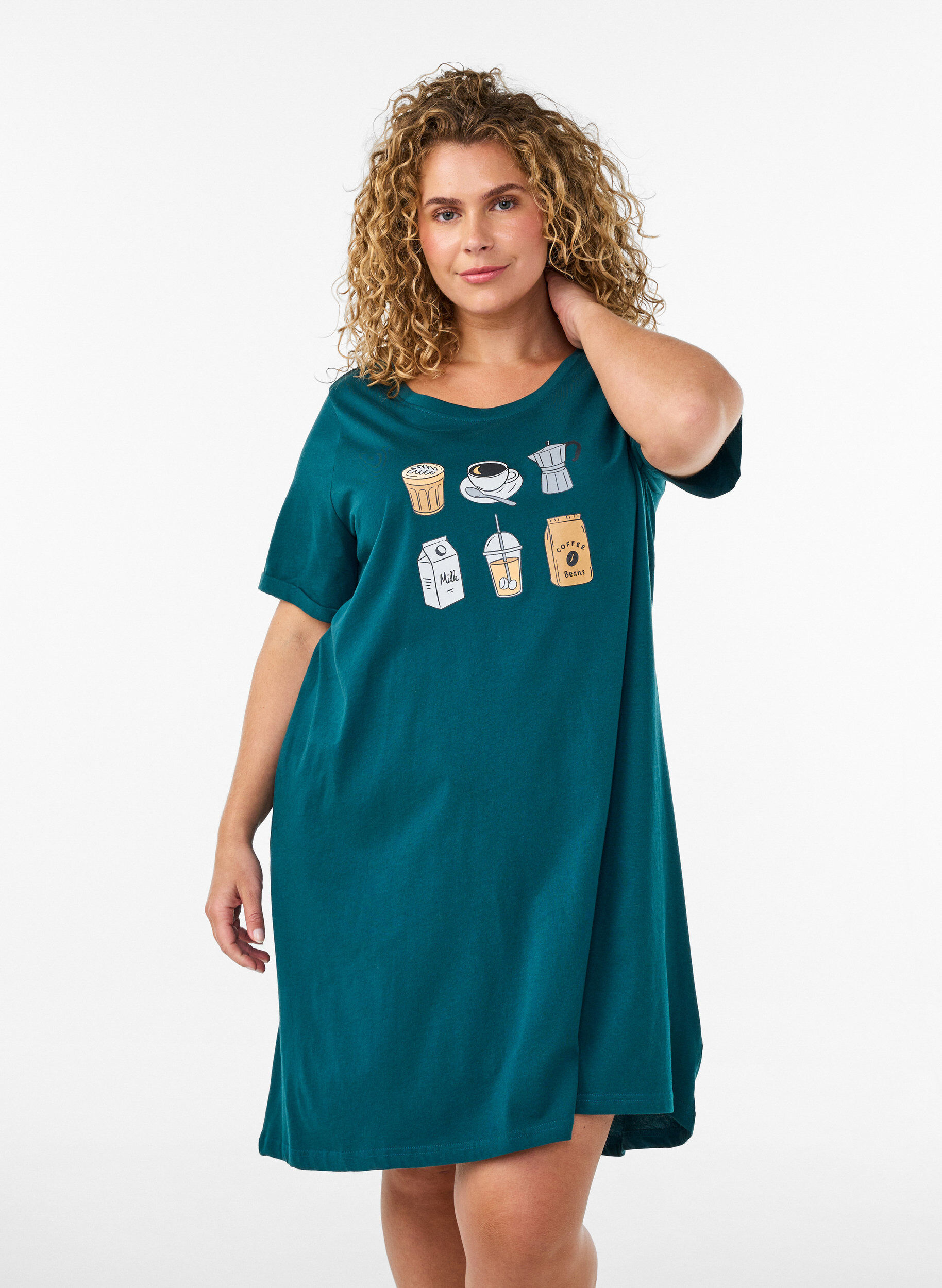Chemise de nuit &agrave; manches courtes en coton biologique, Vert fonc&eacute;, Model