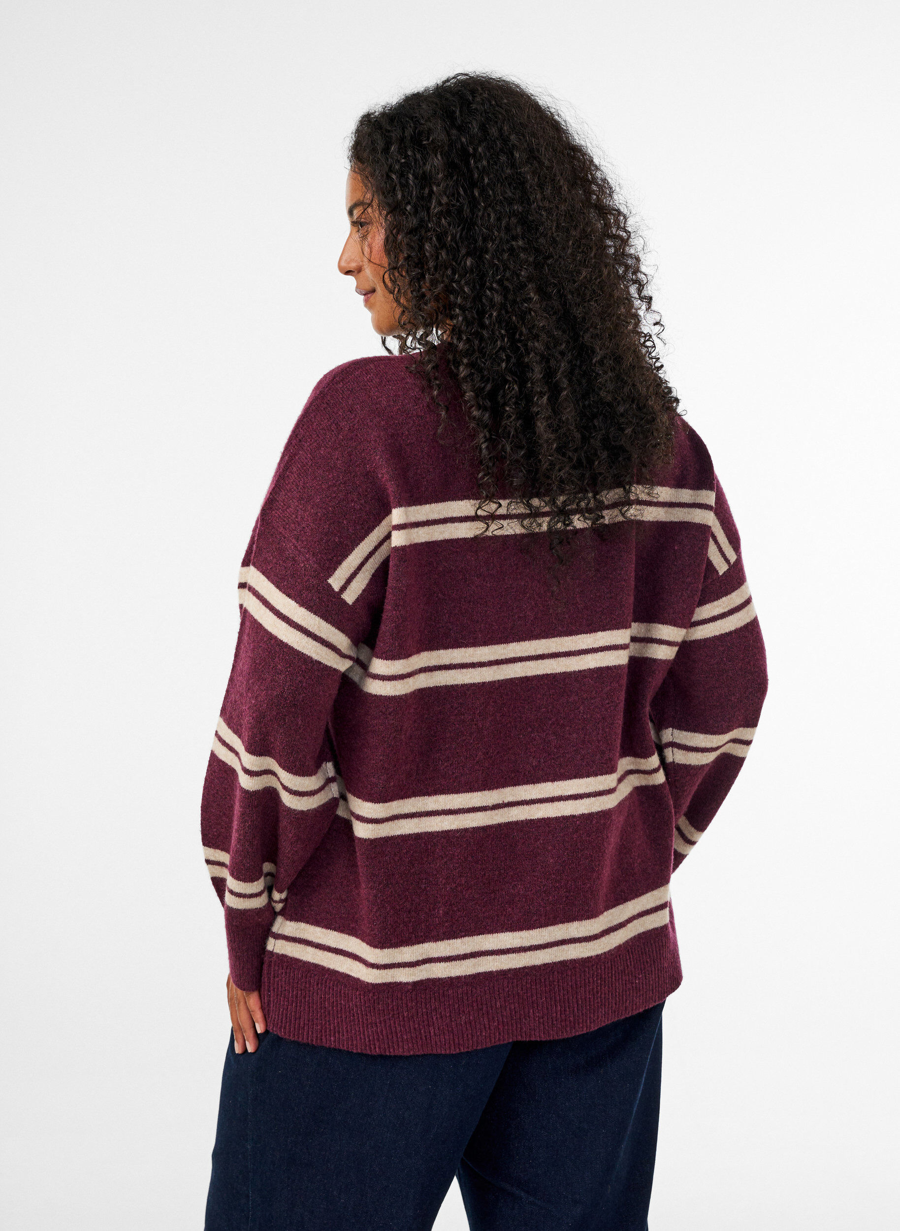 ZizziBlouse en maille avec doubles rayures contrastantes, Bordeaux, Model image number 2