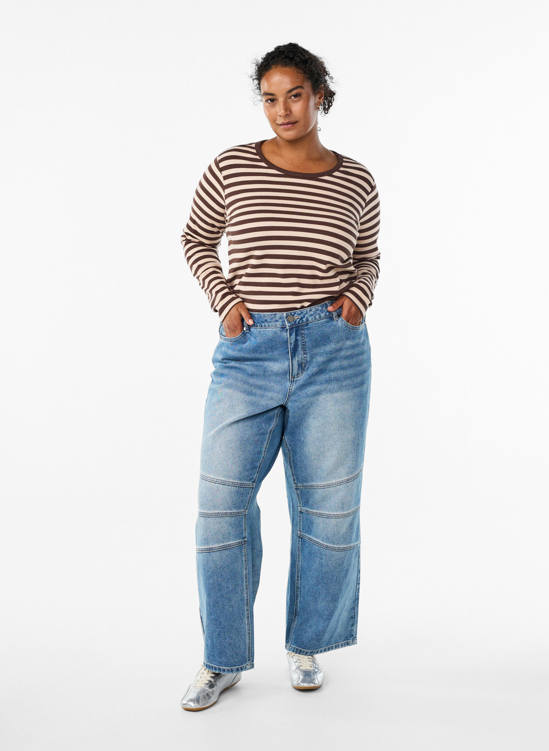 Zizzi Chemisier &agrave; rayures et &agrave; manches longues, Marron, Model image number 1