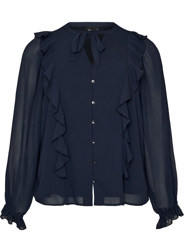 Blouse transparente avec volants et liens &agrave; nouer, Bleu, Packshot image number 0