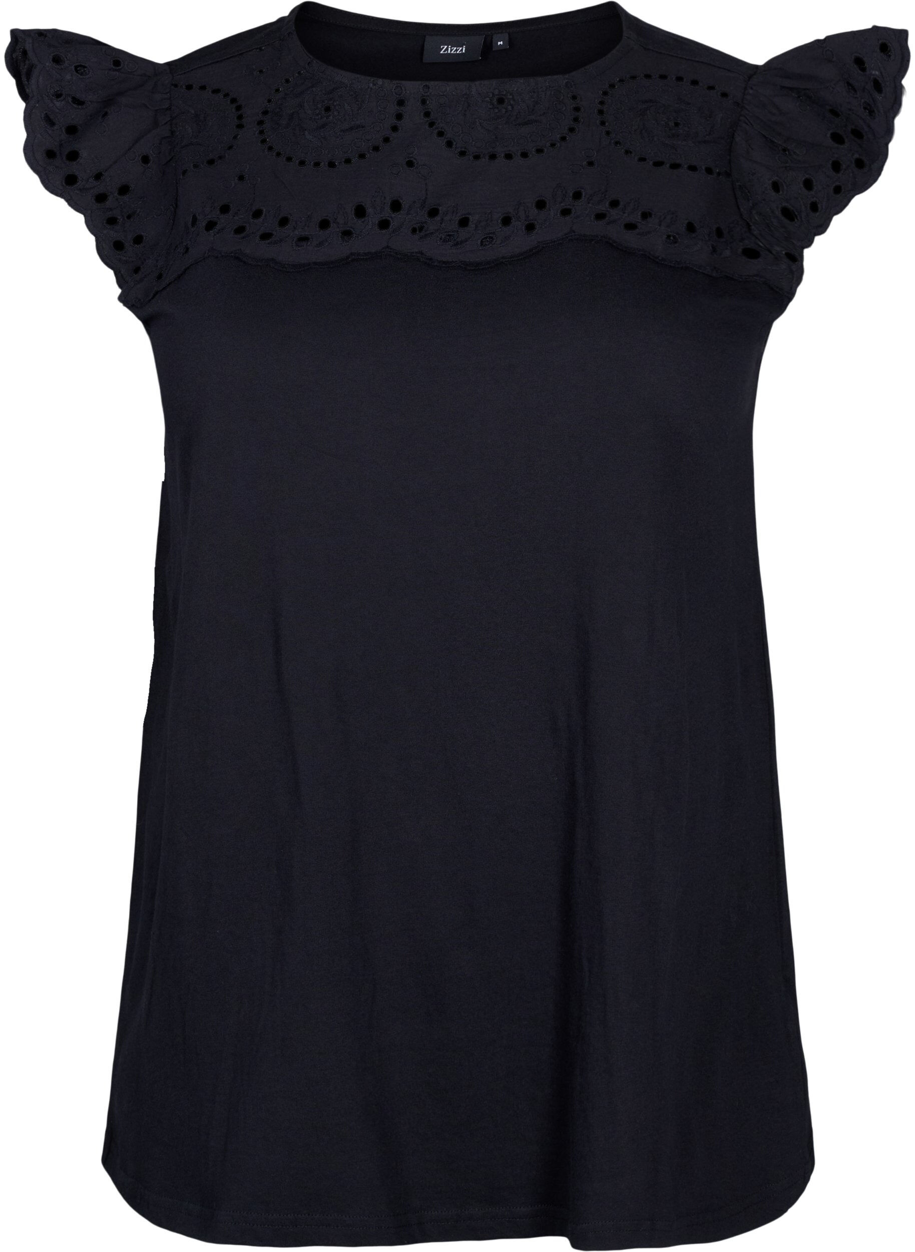 Zizzi T-shirt en coton biologique avec broderie anglaise, Black, Packshot image number 0