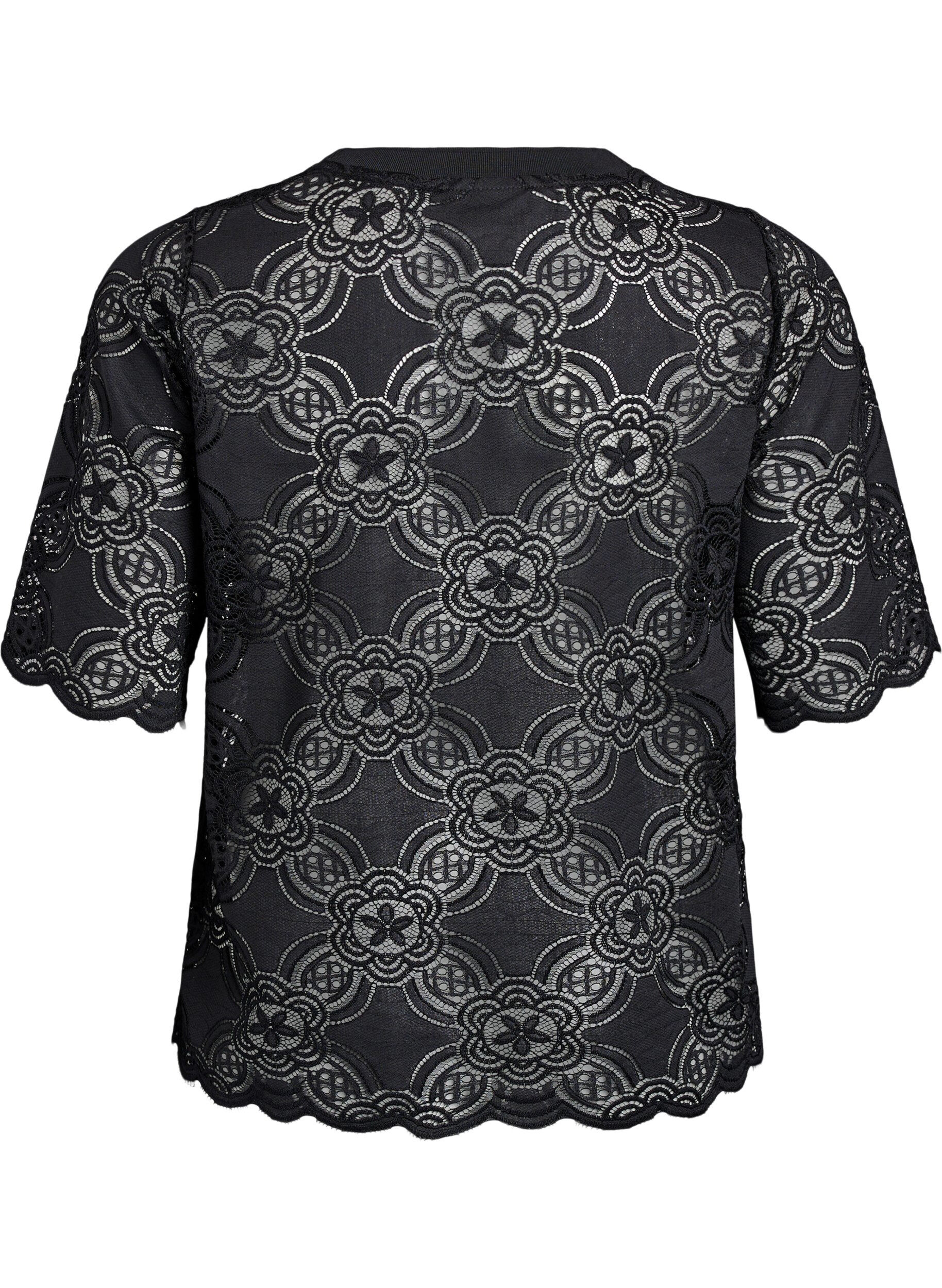 Zizzi Blouse en dentelle avec un motif graphique et des manches 1/2, Noir, Packshot image number 1