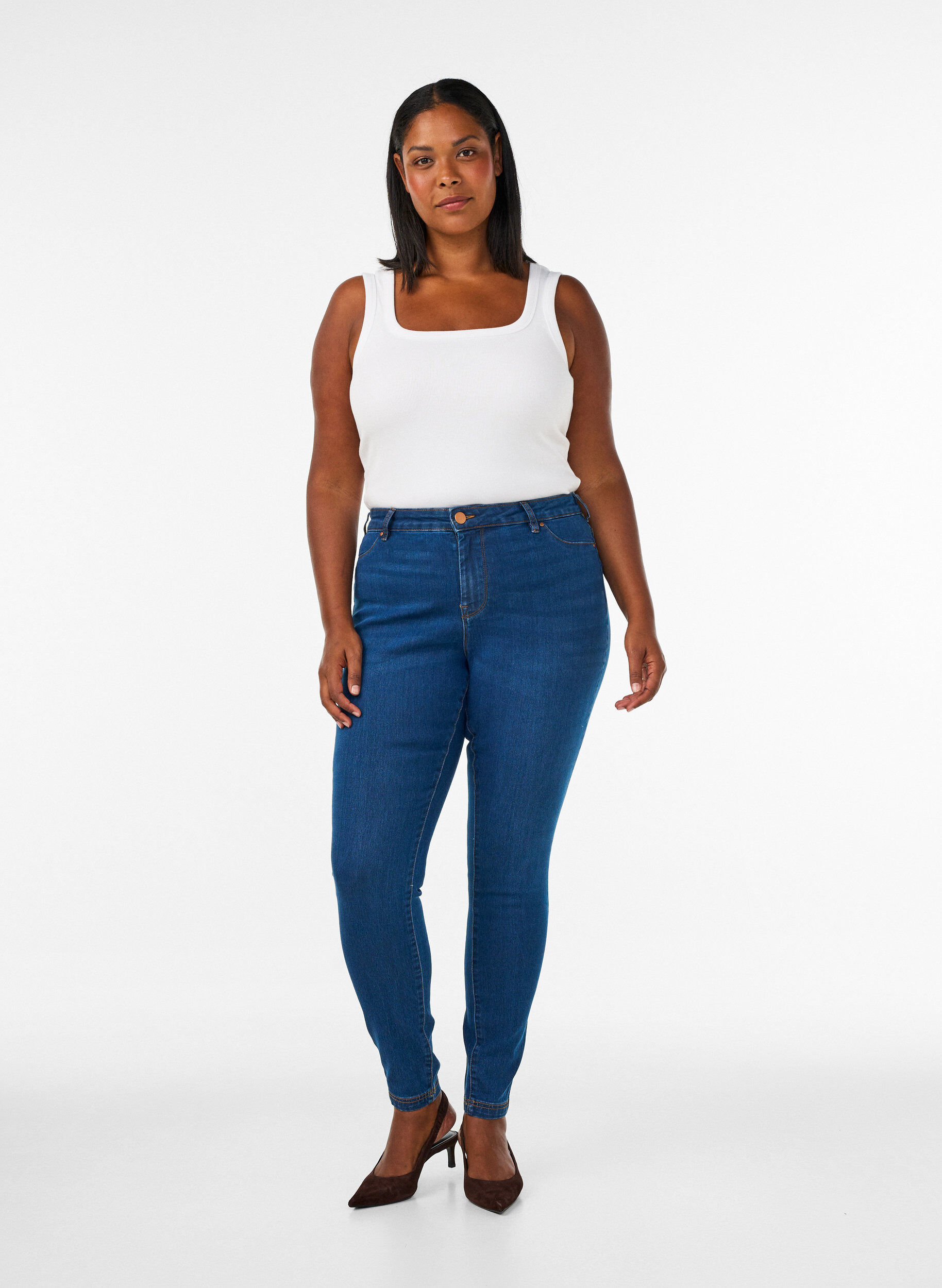 Jeggings en coton m&eacute;lang&eacute;, Blue denim, Model