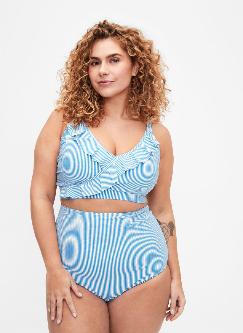 Bas de bikini rayé avec une taille extra haute, Bleu, Model image number 0