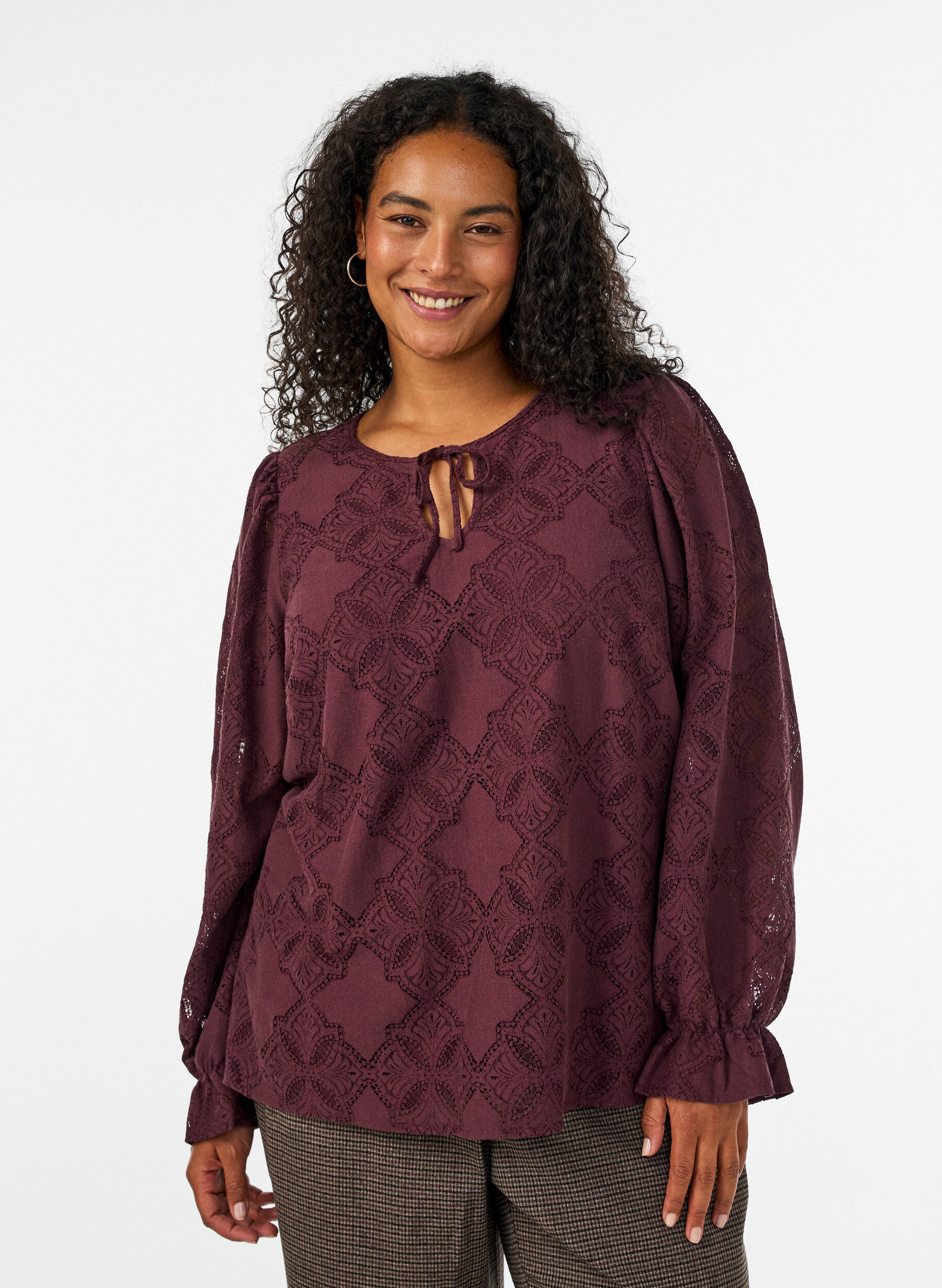 ZizziBlouse en dentelle &agrave; manches longues, Bordeaux fonc&eacute;, Model image number 0