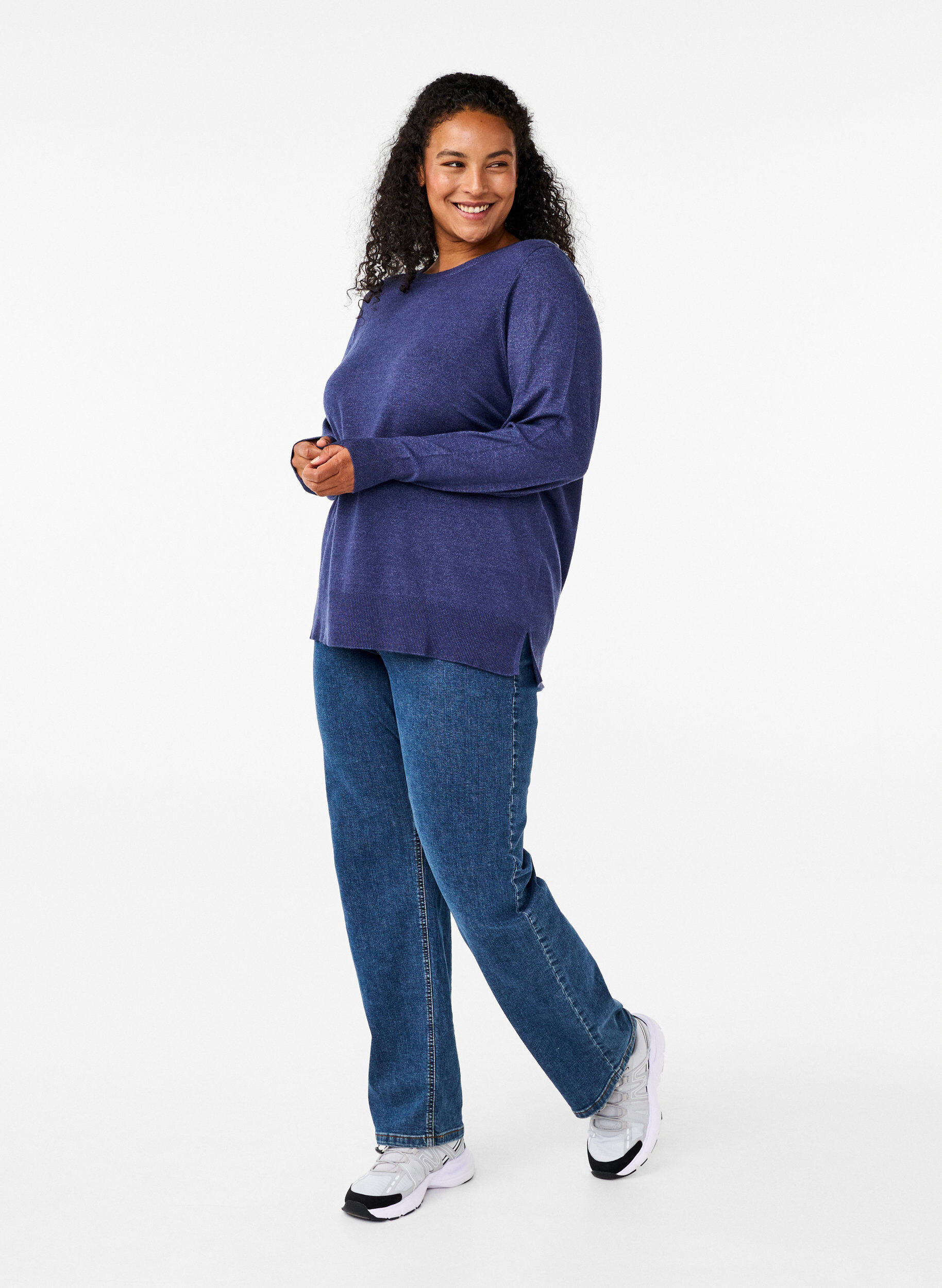 Zizzi Chemisier &agrave; manches longues en maille avec fente, Bleu, Model image number 1