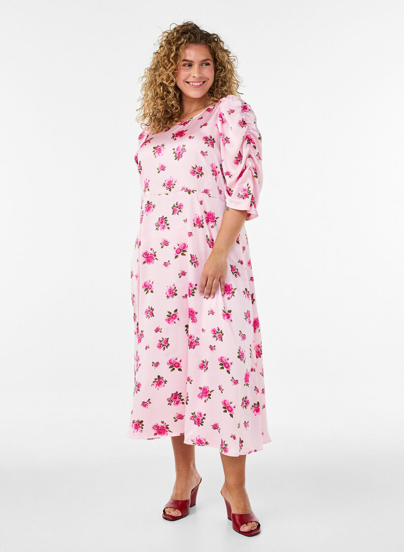 Robe midi &agrave; fleurs avec manches bouffantes, Rose, Model image number 0