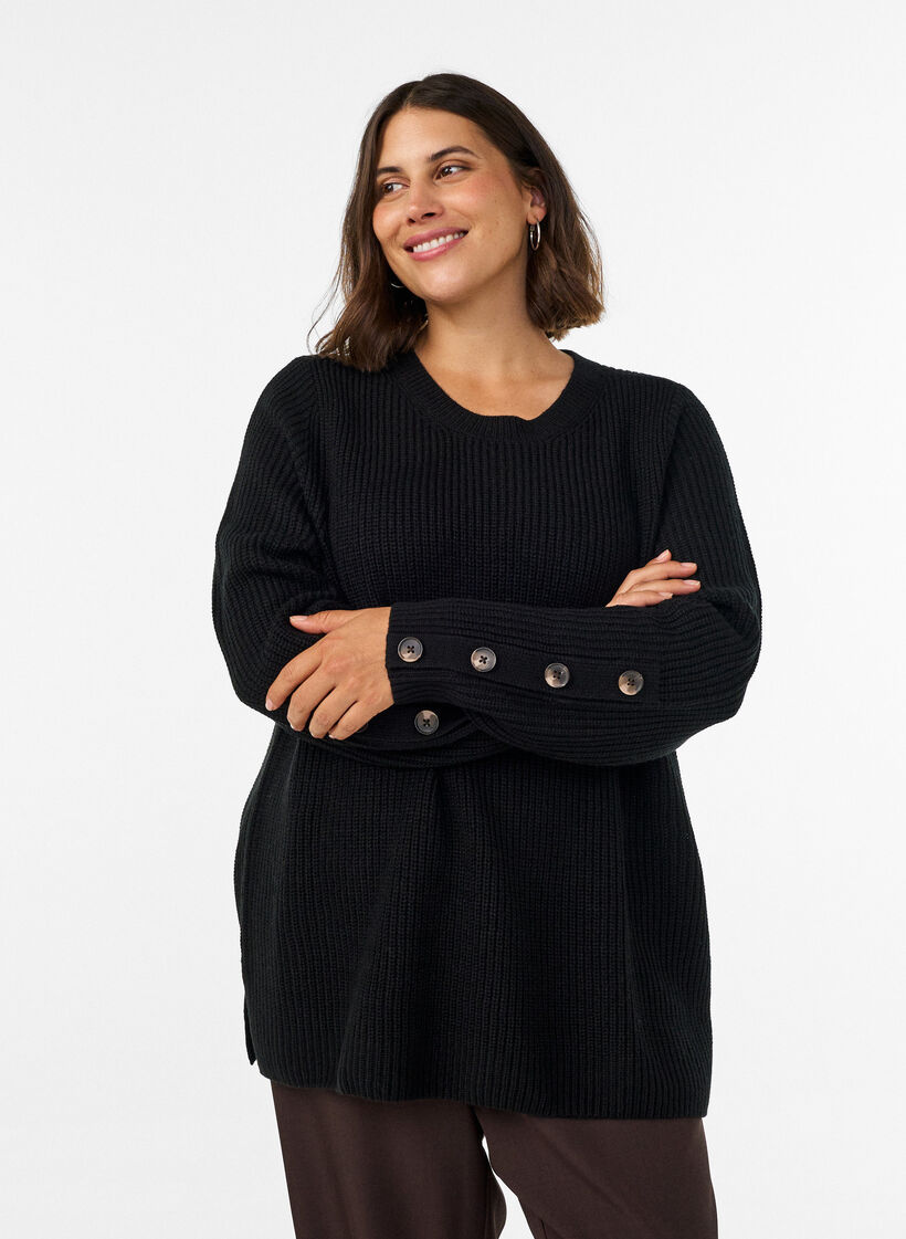 Blouse en maille c&ocirc;tel&eacute;e avec d&eacute;tails de boutons, Noir, Model image number 0