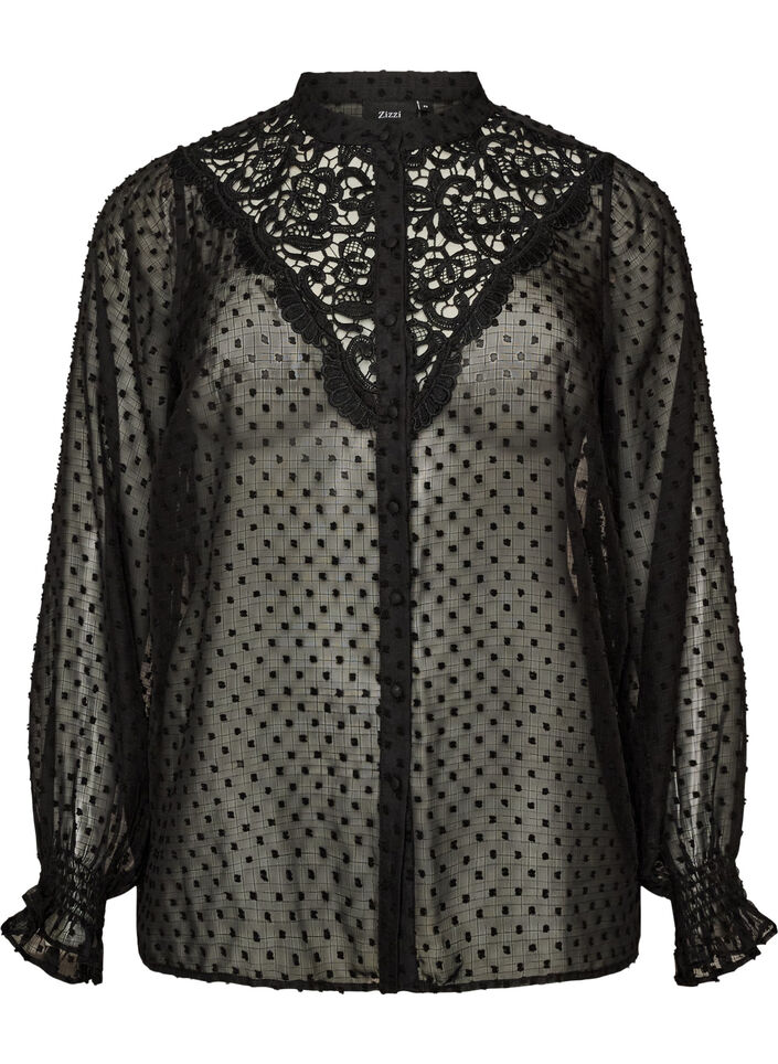 Chemisier avec empi&egrave;cement en dentelle et motif &agrave; pois, Noir, Packshot image number 0
