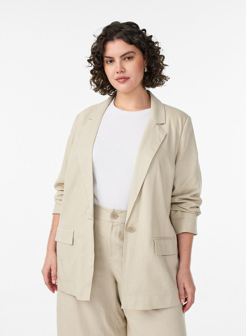 Blazer en lin et viscose avec revers et poches, Beige, Model image number 0
