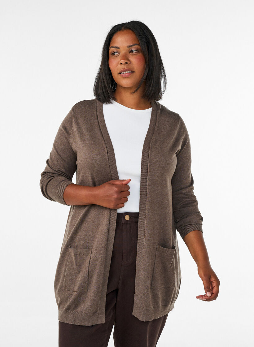 Long cardigan tricot&eacute; dans un m&eacute;lange de viscose, Marron, Model image number 0
