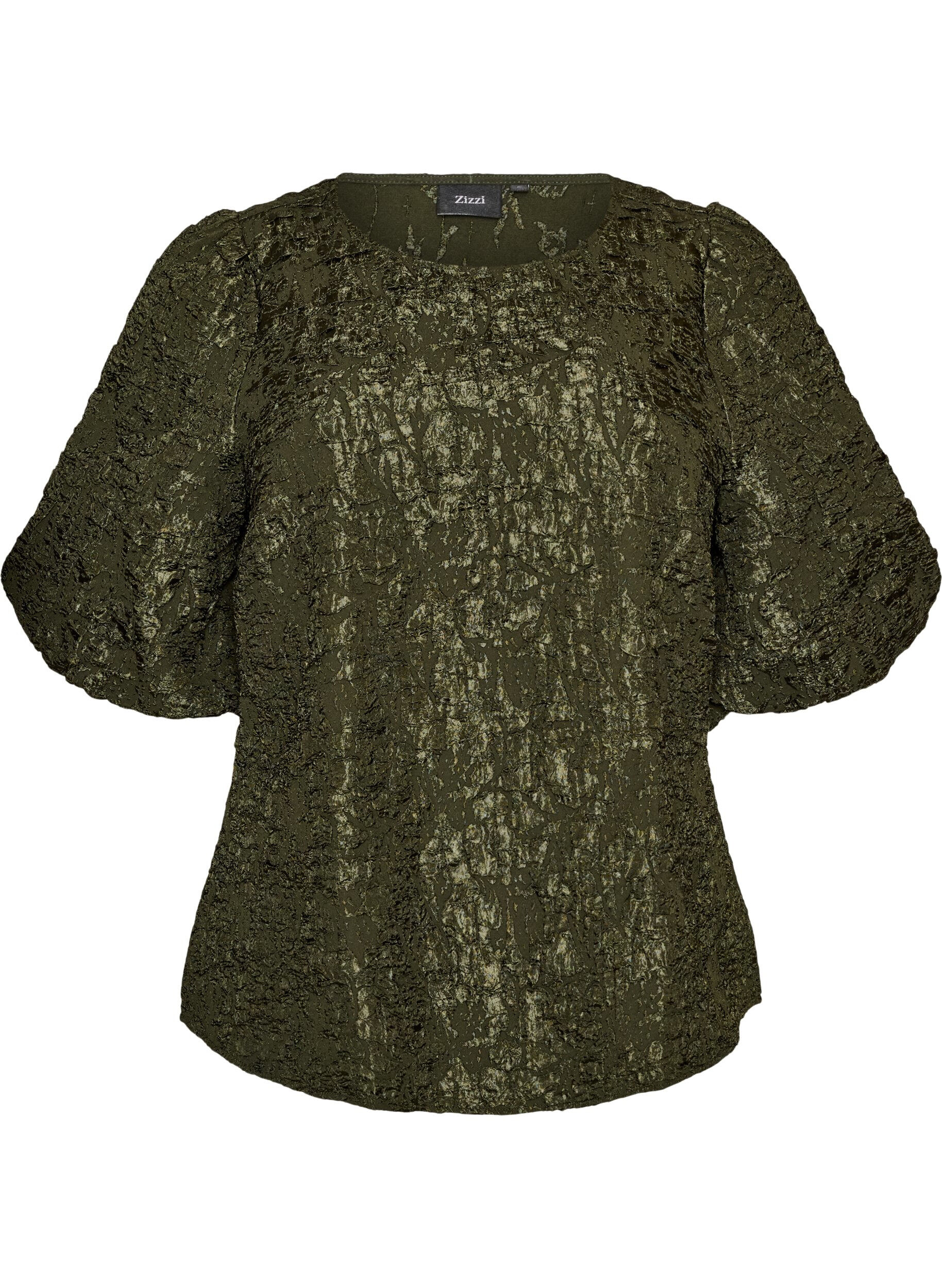 ZizziBlouse en jacquard avec des manches bouffantes et une coupe &eacute;vas&eacute;e, Vert fonc&eacute;, Packshot image number 0