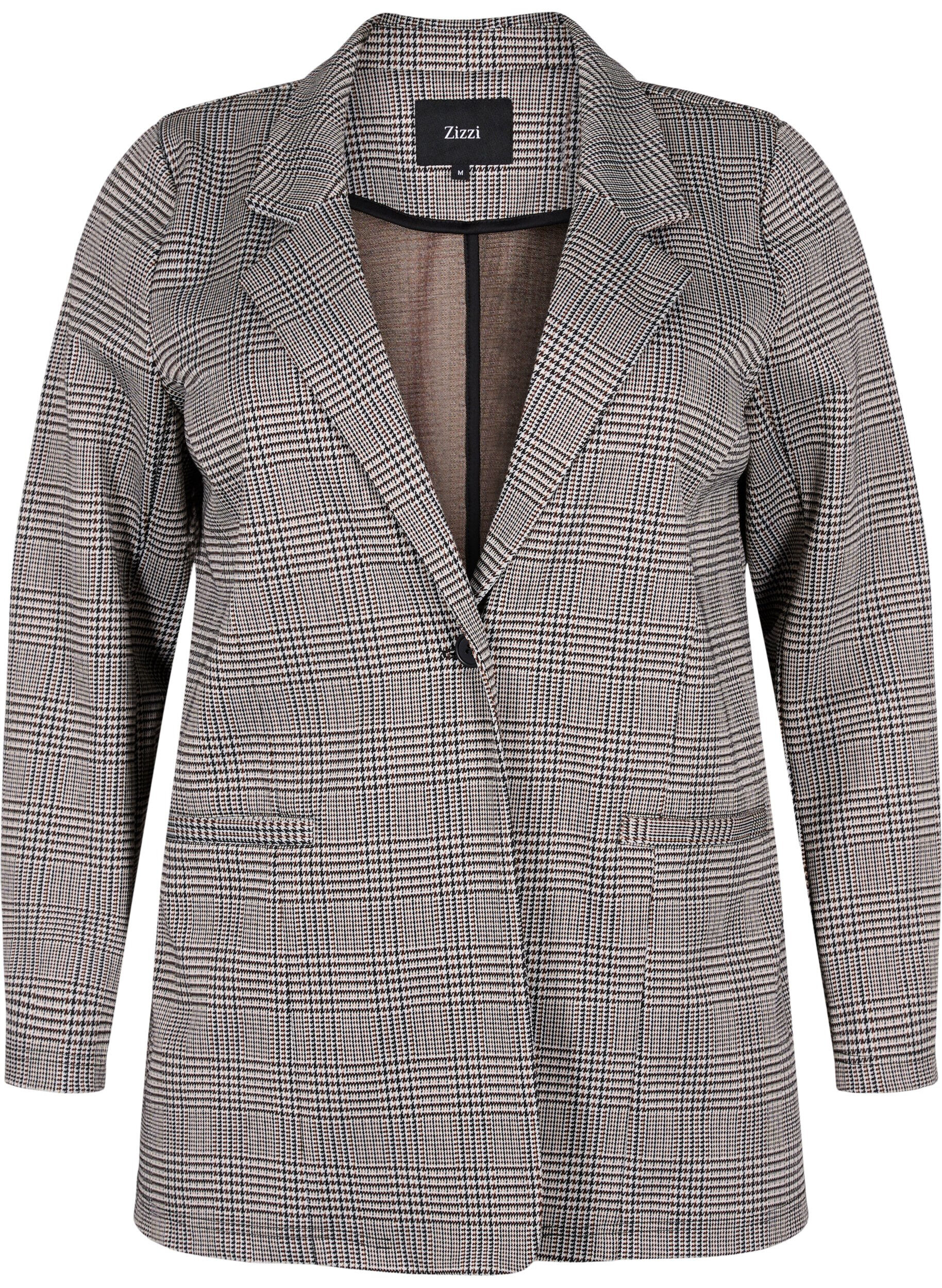 Zizzi Blazer &agrave; carreaux avec fermeture &agrave; boutons, Beige Brown Check, Packshot image number 0