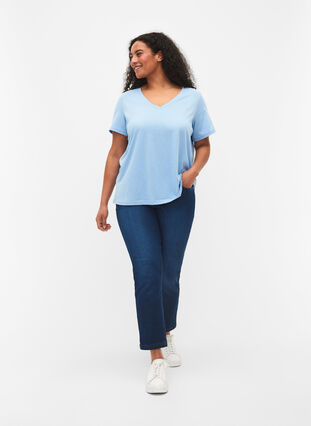 T-shirt à manches courtes avec col en V, Placid Blue, Model image number 2