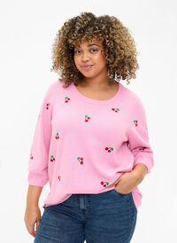 Chemisier en tricot à manches 3/4 avec cerise, B.Pink/Wh.Mel/Cherry, Model