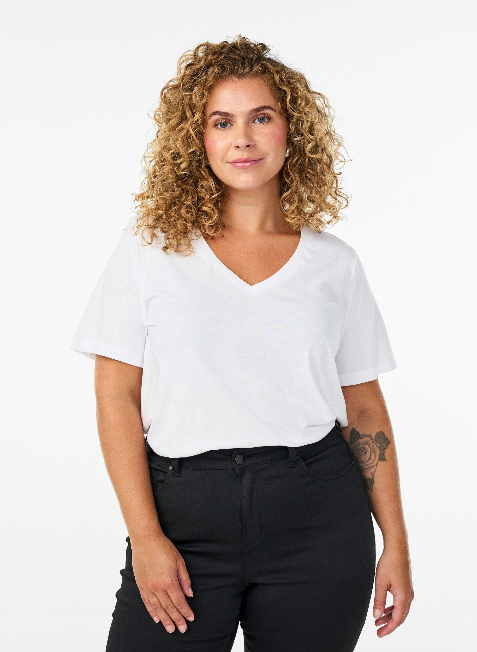 T-shirt &agrave; manches courtes avec col en V, Blanc, Model