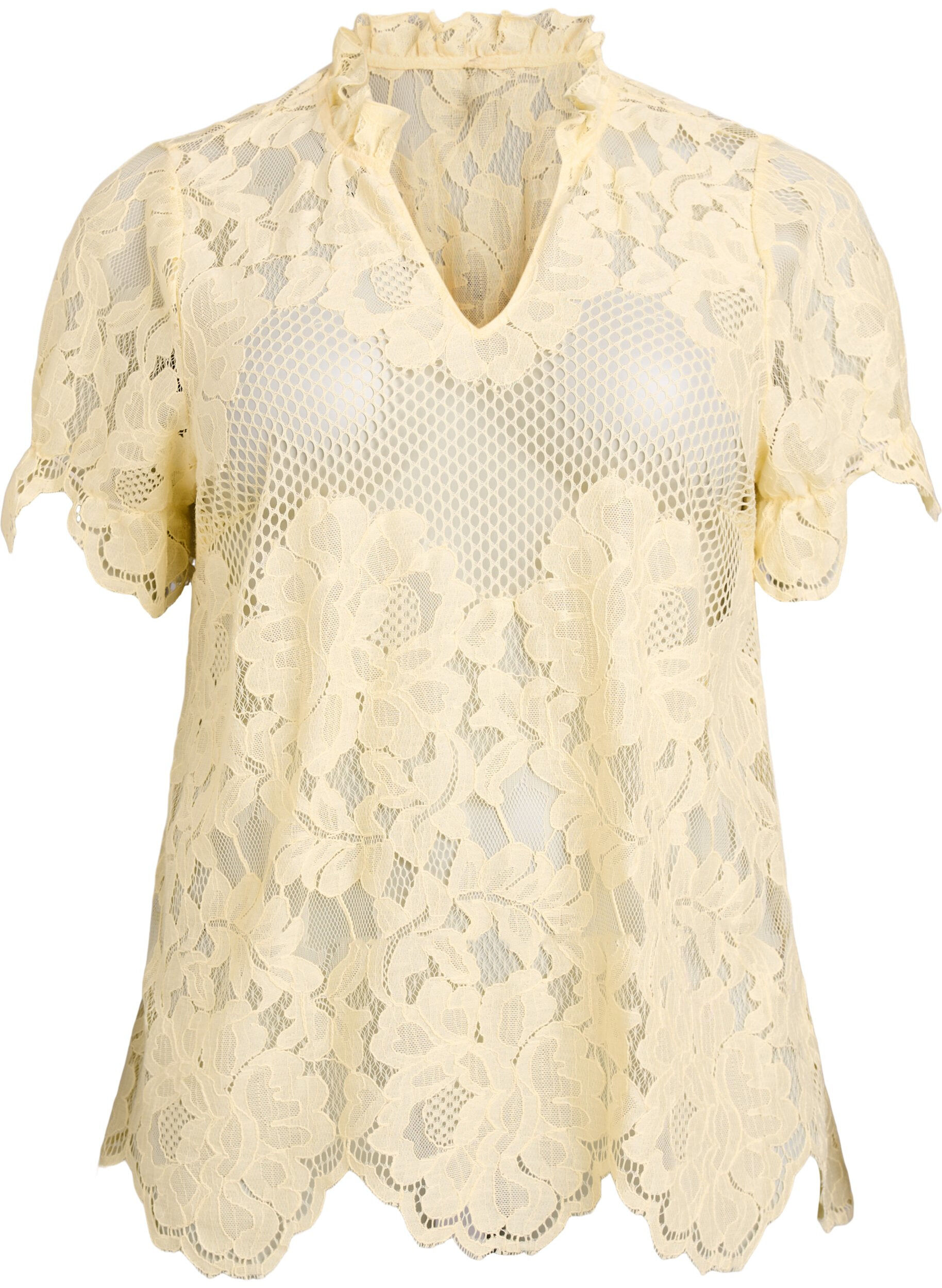 ZizziBlouse en dentelle avec col &agrave; volants et manches courtes, Jaune clair, Packshot image number 0