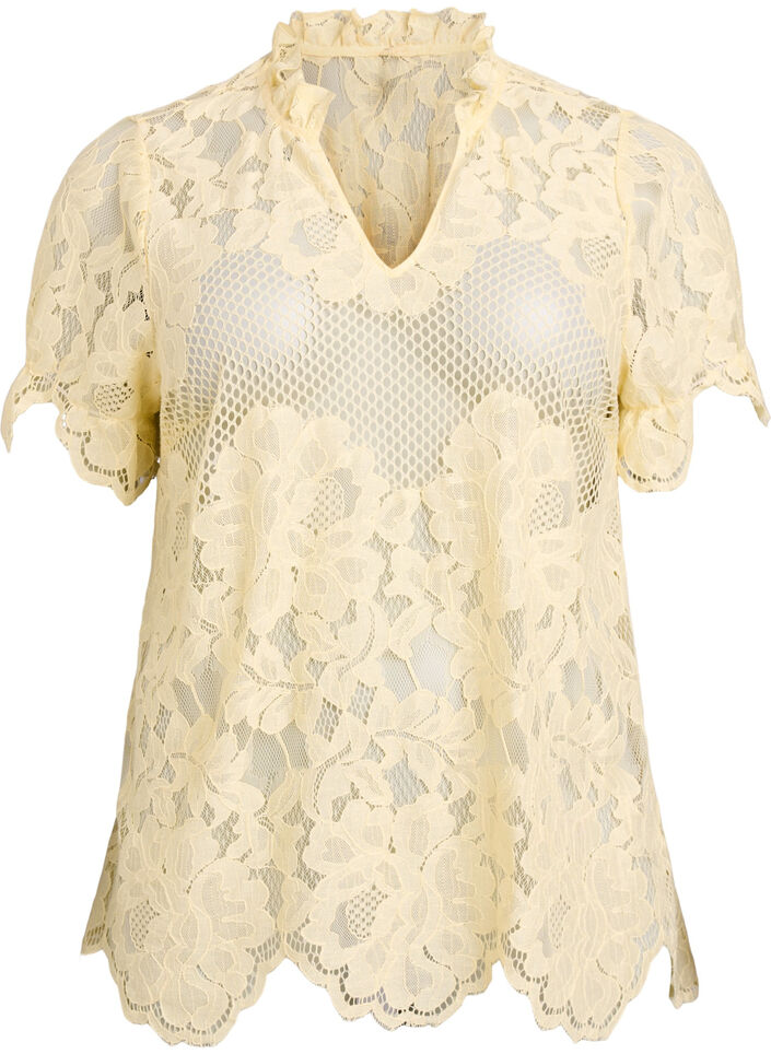 Blouse en dentelle avec col &agrave; volants et manches courtes, Jaune clair, Packshot image number 0