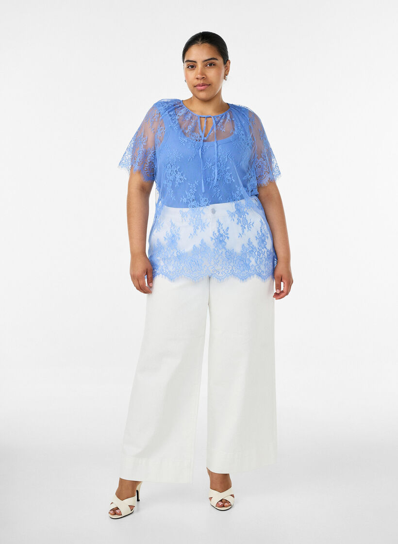 Blouse en dentelle &agrave; manches courtes avec lien &agrave; nouer, Mauve, Model image number 1
