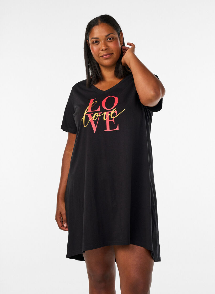 Chemise de nuit en coton biologique et &agrave; col en V, Noir, Model image number 0
