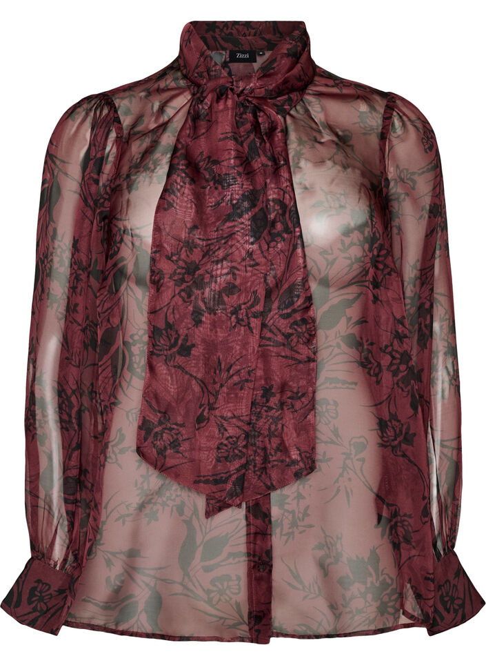 Chemisier transparent avec motif floral et d&eacute;tail &agrave; nouer, Bordeaux fonc&eacute;, Packshot image number 0