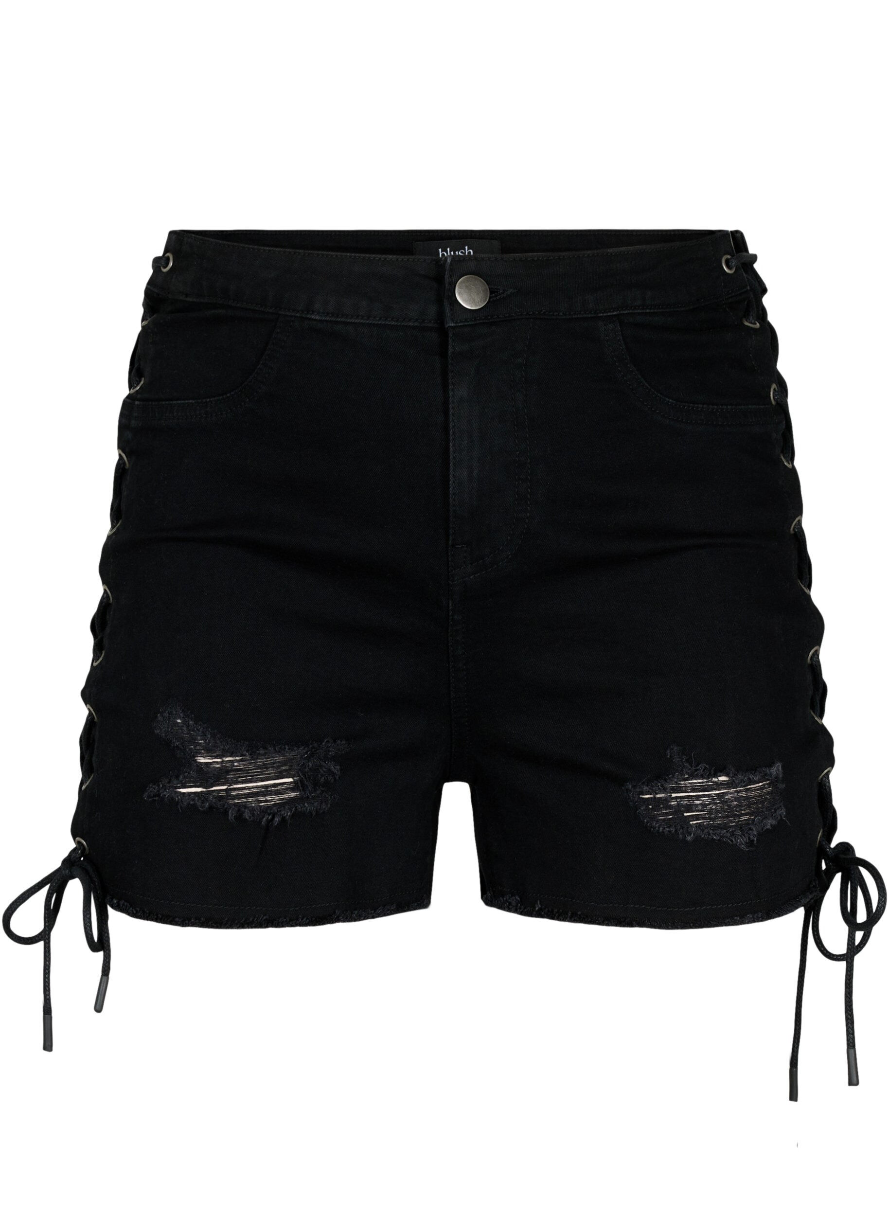 Zizzi Short en denim d&eacute;chir&eacute; avec cordon de serrage, Black Denim, Packshot image number 0