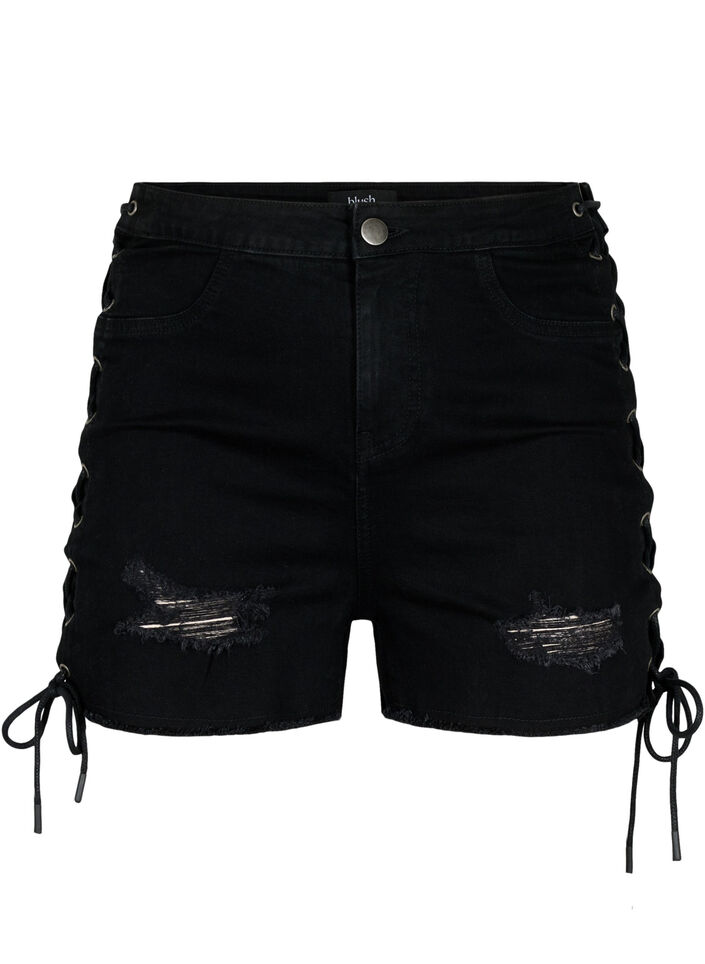 Short en denim déchiré avec cordon de serrage, Black Denim, Packshot image number 0