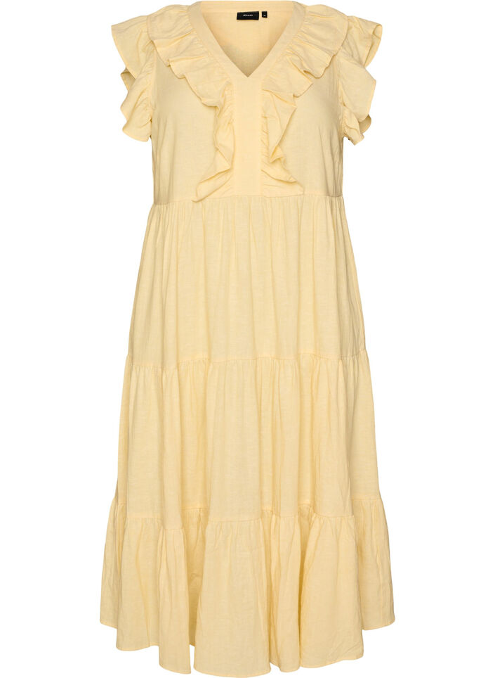 Robe midi sans manches en lin et viscose avec volants, Jaune clair, Packshot image number 0