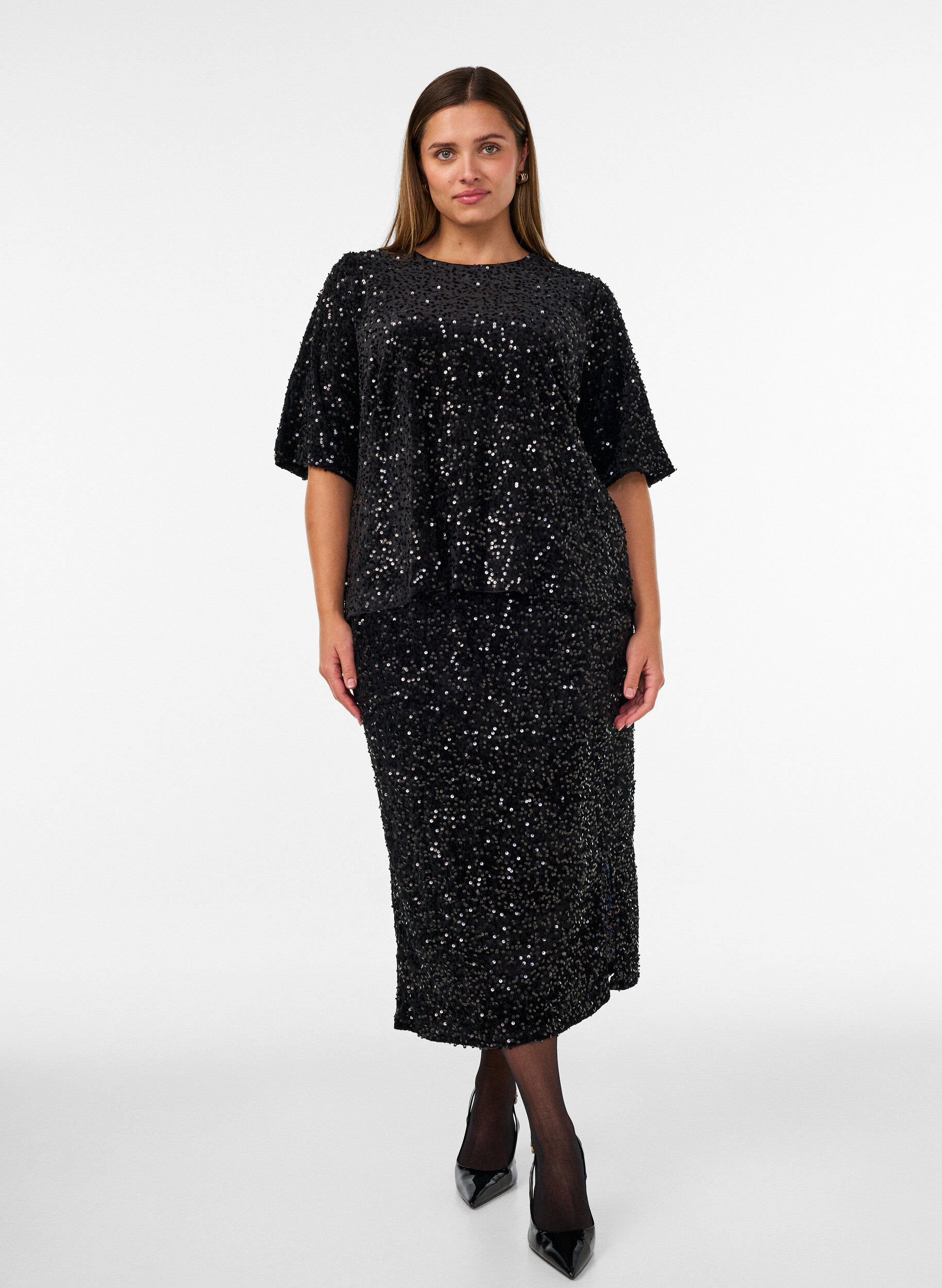 ZizziJupe midi avec sequins et fentes, Noir, Model image number 0