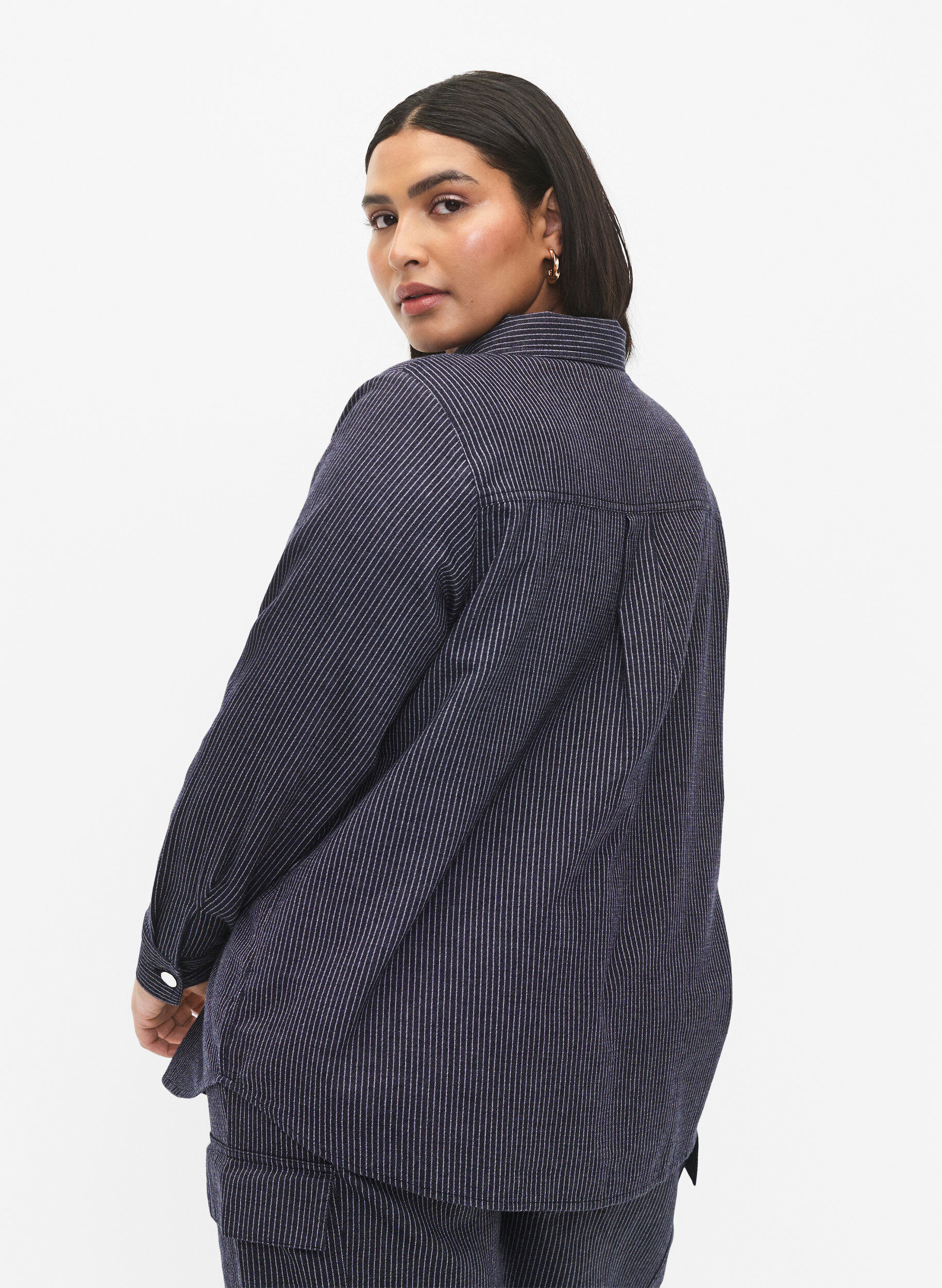 Zizzi Chemise en coton &agrave; rayures, Dark Blue Stripe, Model image number 1