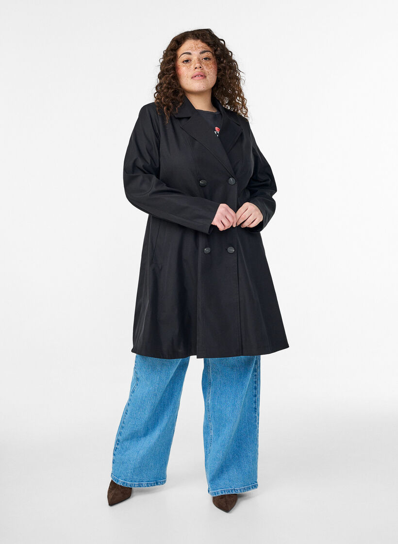 Manteau de printemps coupe &eacute;vas&eacute;e &agrave; double boutonnage, Noir, Model image number 1