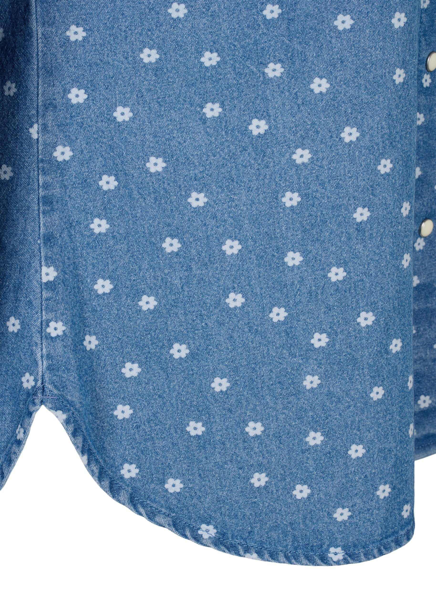 Zizzi Chemise en jean florale avec une poche de poitrine, Light Blue w.Flowers, Packshot image number 3