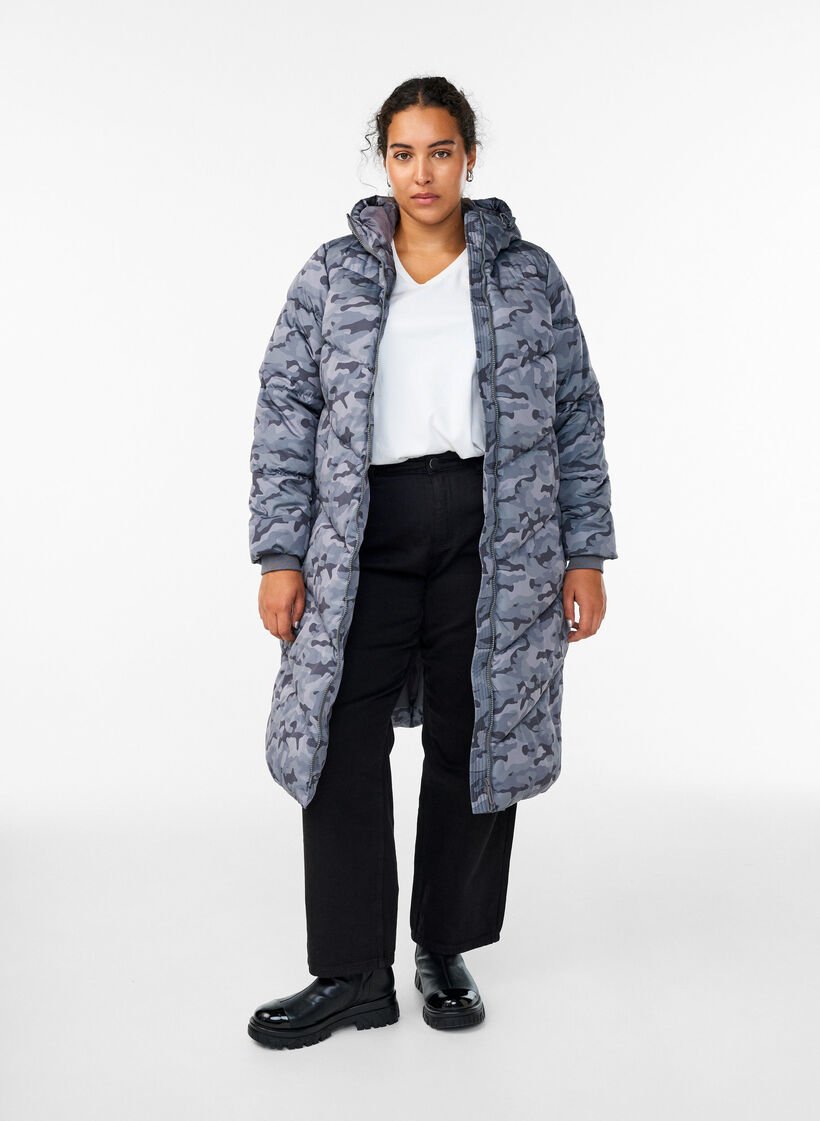 Doudoune longue camouflage, Gris anthracite, Model image number 1