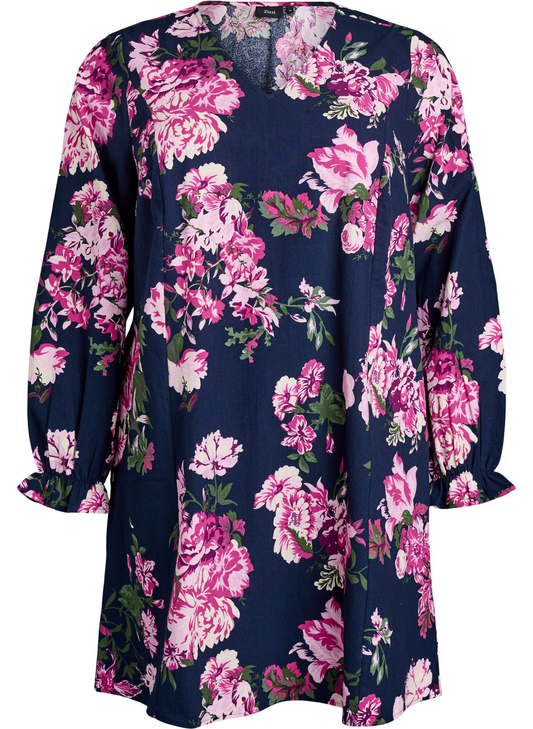 Robe courte en coton avec col V et manches longues