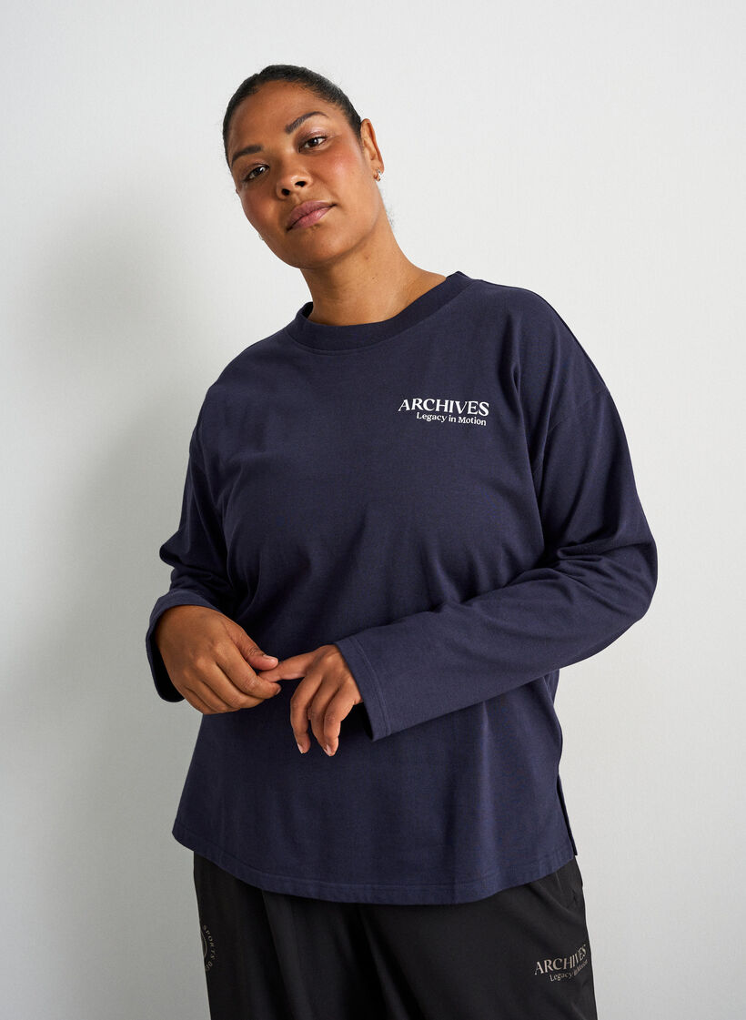 Blouse en jersey &agrave; manches longues avec inscription, Bleu, Model image number 0