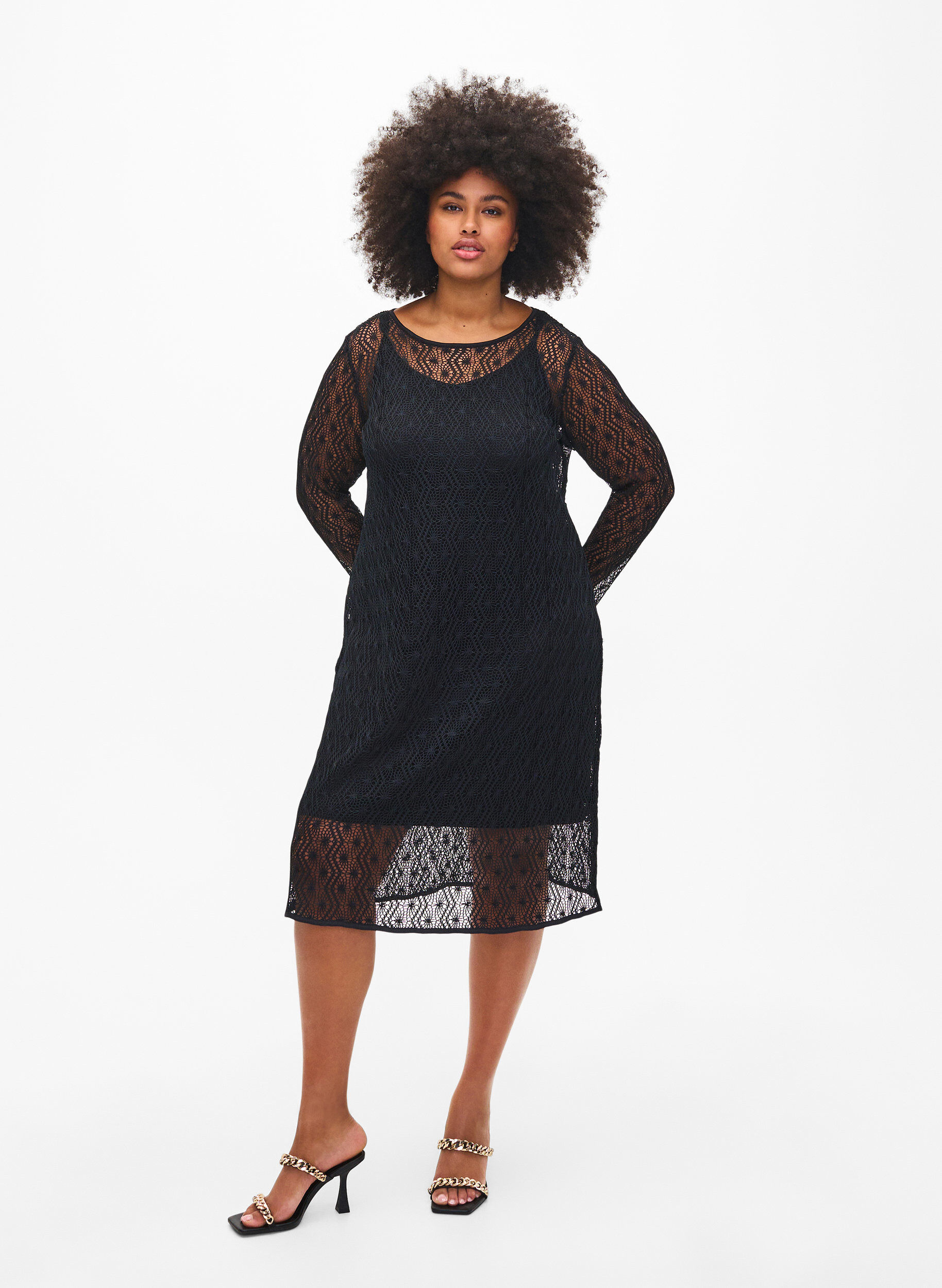 Zizzi Robe crochet&eacute;e &agrave; manches longues, Black, Model image number 0