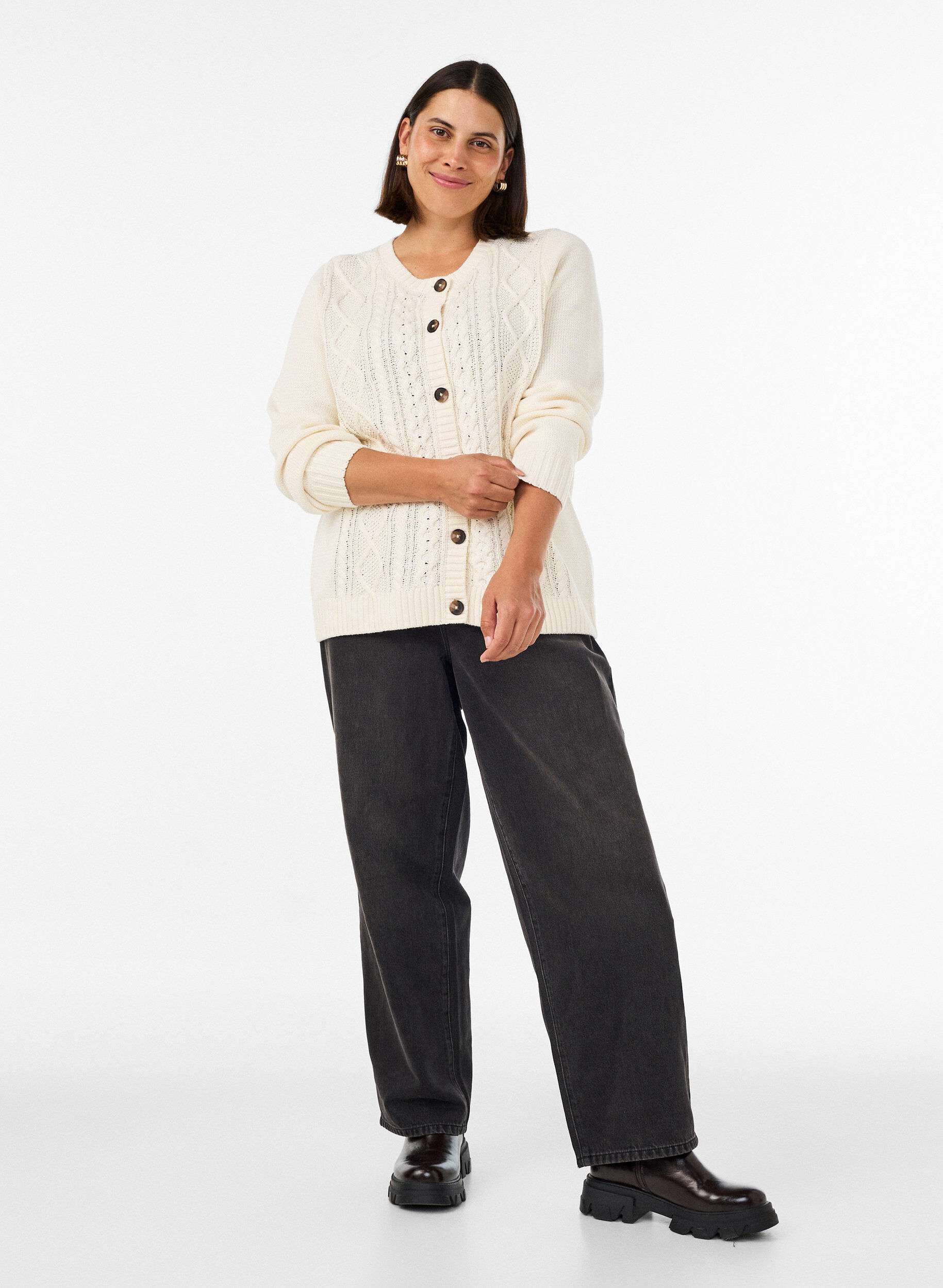 ZizziCardigan avec motif torsad&eacute;, Vanille, Model image number 1