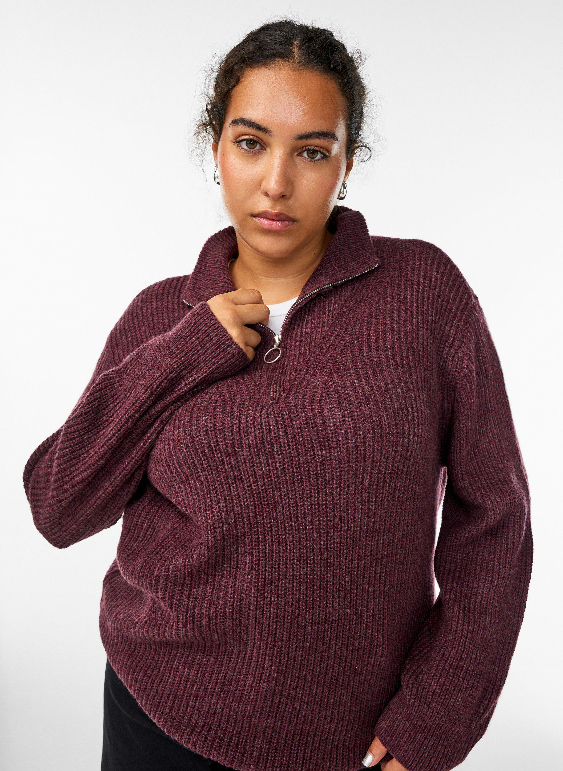 Zizzi FLASH - Pull en tricot avec col haut et fermeture &eacute;clair, Bordeaux, Model image number 3