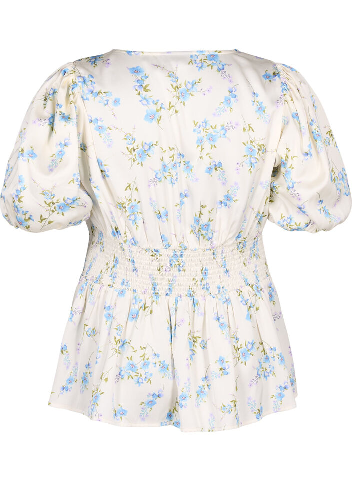 Chemisier en satin floral avec manches bouffantes, Off White Blue Fl., Packshot image number 1