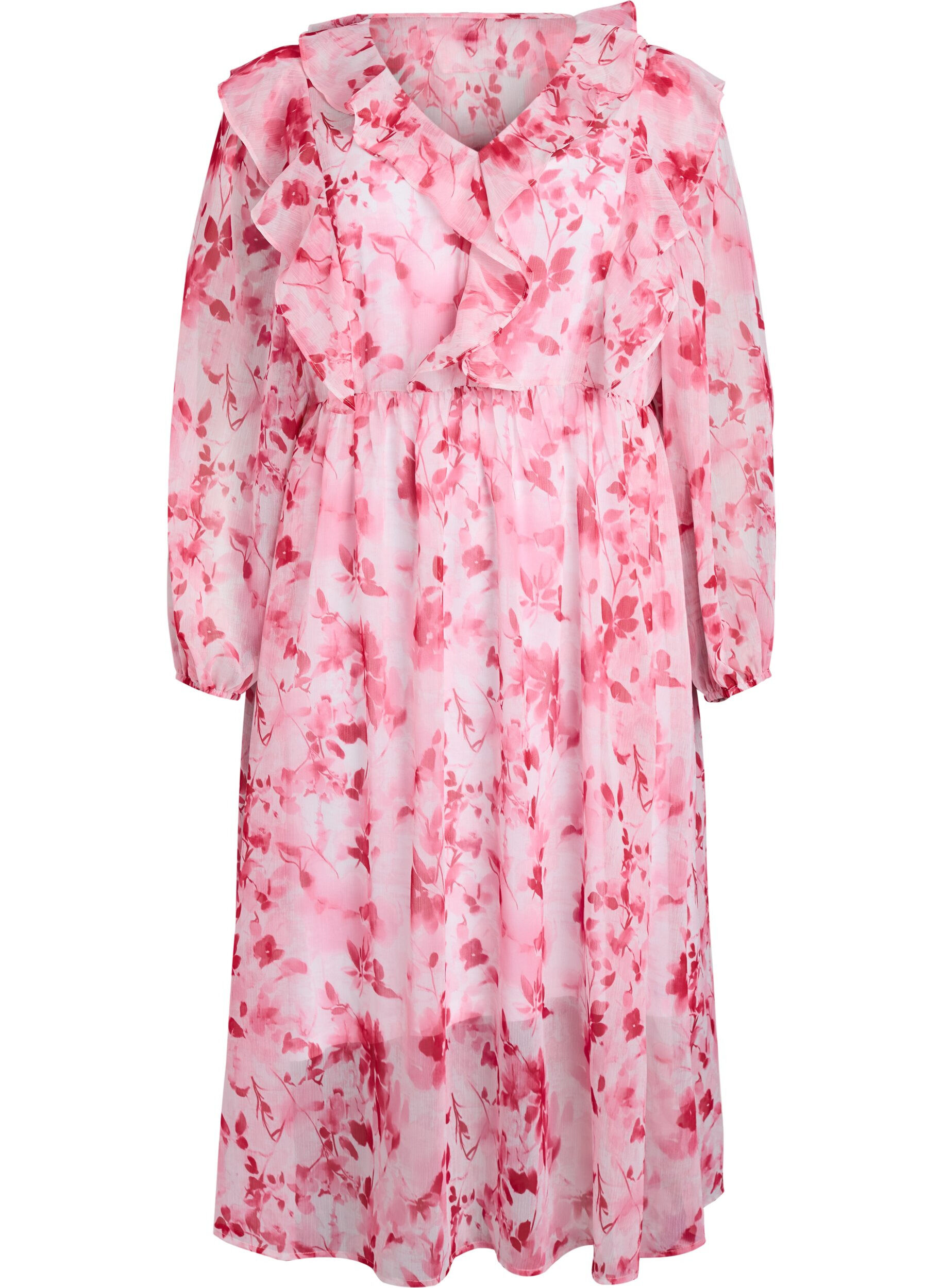 Robe en chiffon fleuri avec volants et manches longues
