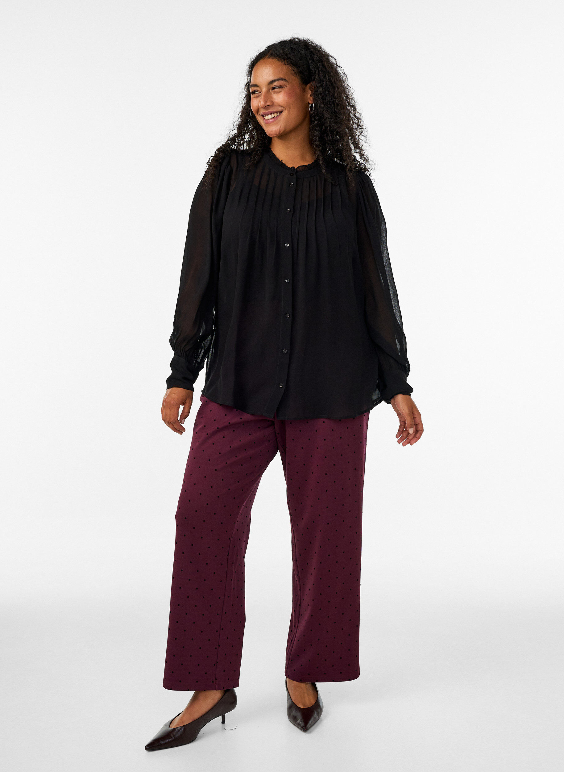 ZizziPantalon &agrave; pois taille haute et coupe droite, Bordeaux, Model image number 0
