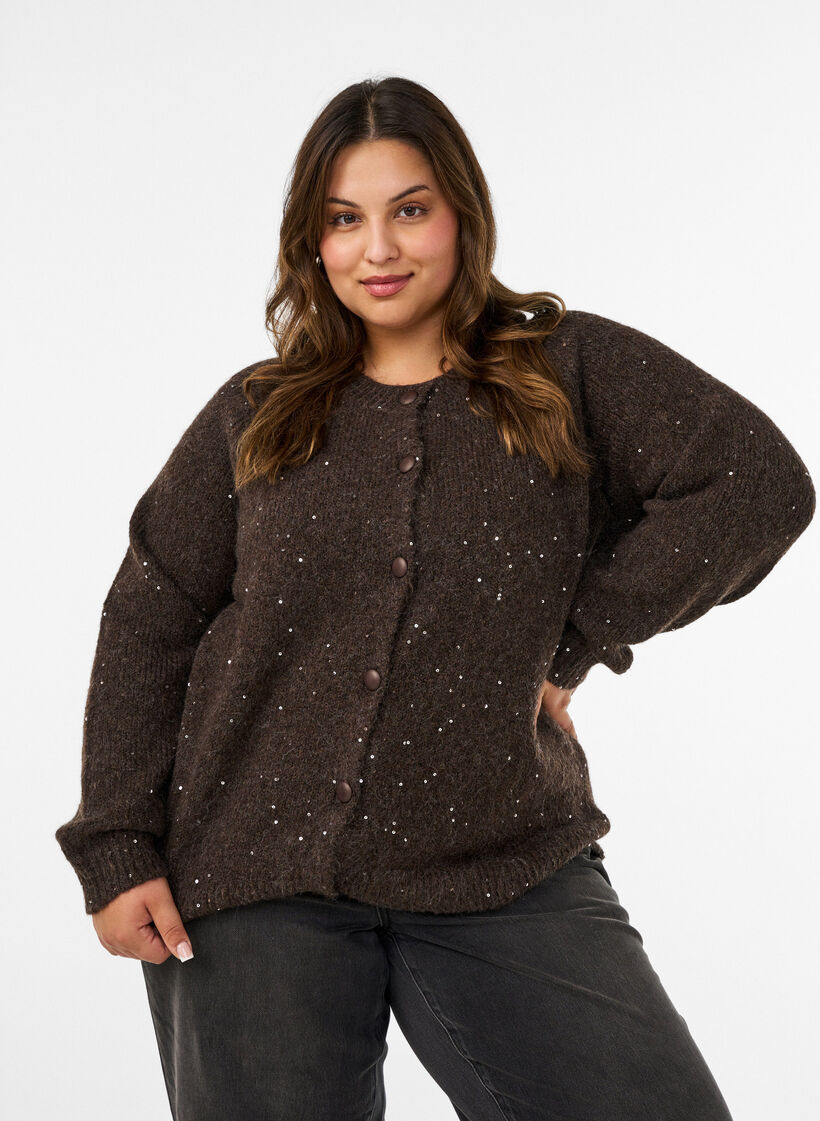 Cardigan avec sequins et boutons, Marron, Model image number 0