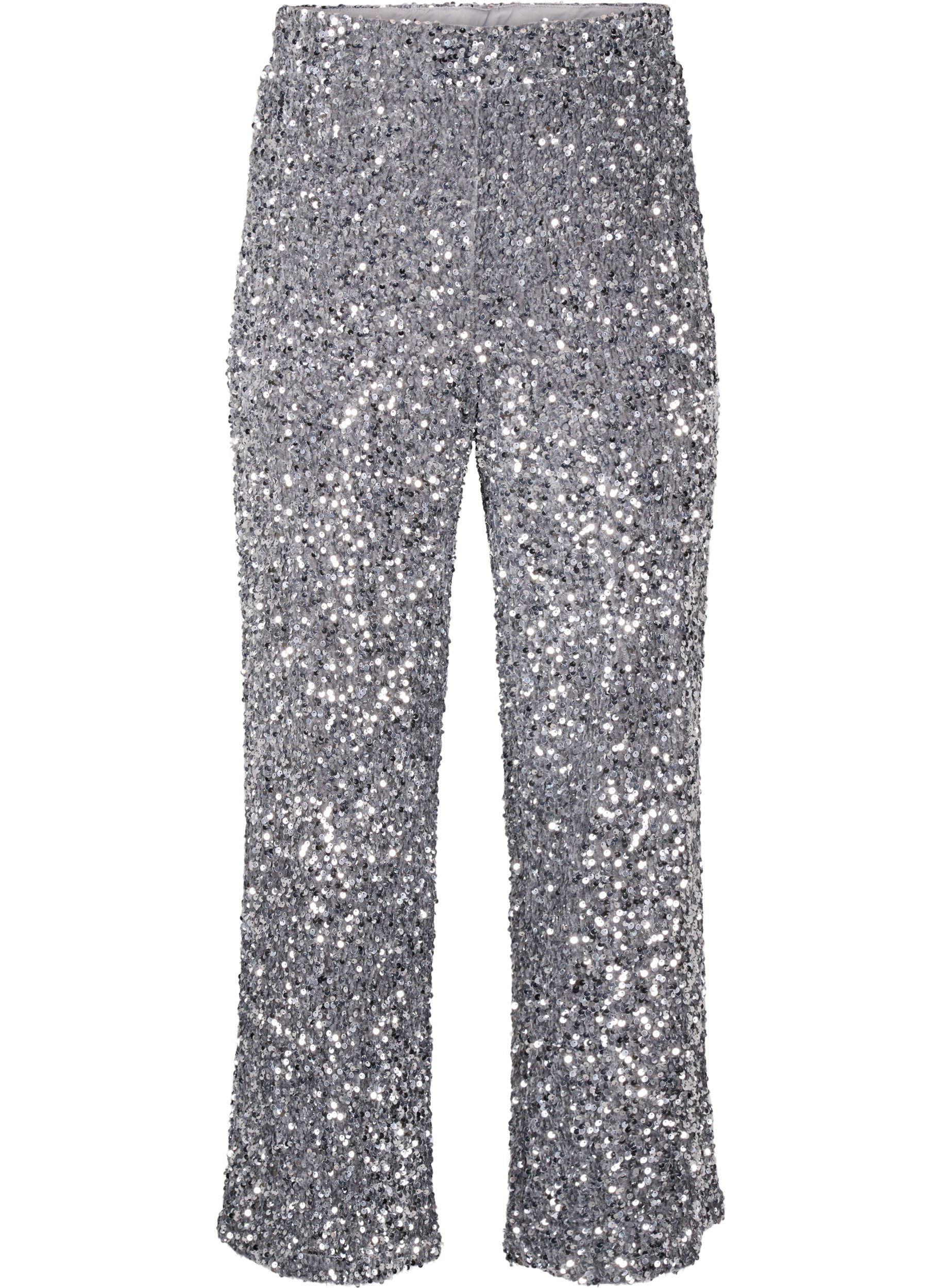 Zizzi Pantalon ample &agrave; paillettes taille haute, Silver, Packshot image number 0